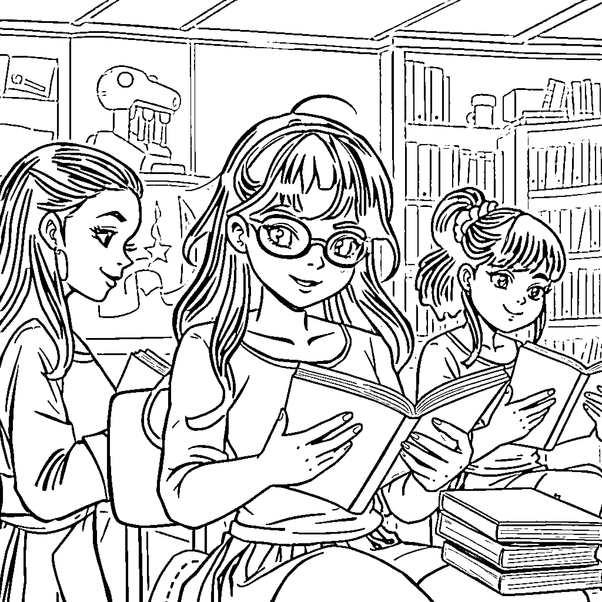 Powerpuff Girls Study Time in the Library Coloring Page (free black-and-white line drawing printable PDF for all, from beginners to advanced learners, including children, teens, adults, and seniors)