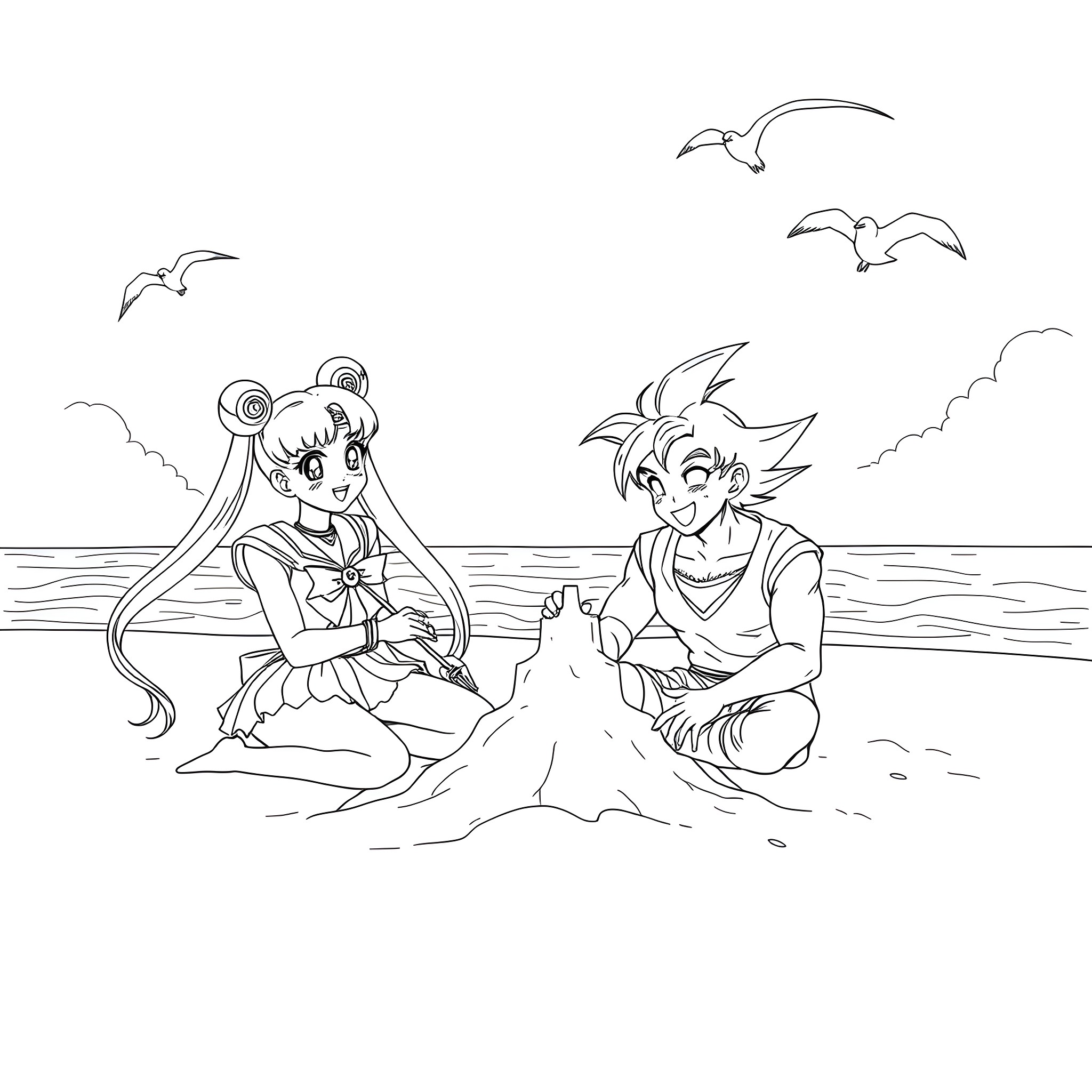 Sailor Moon and Goku Enjoying a Beach Outing Coloring Page (free black-and-white line drawing printable PDF for all, from beginners to advanced learners, including children, teens, adults, and seniors)