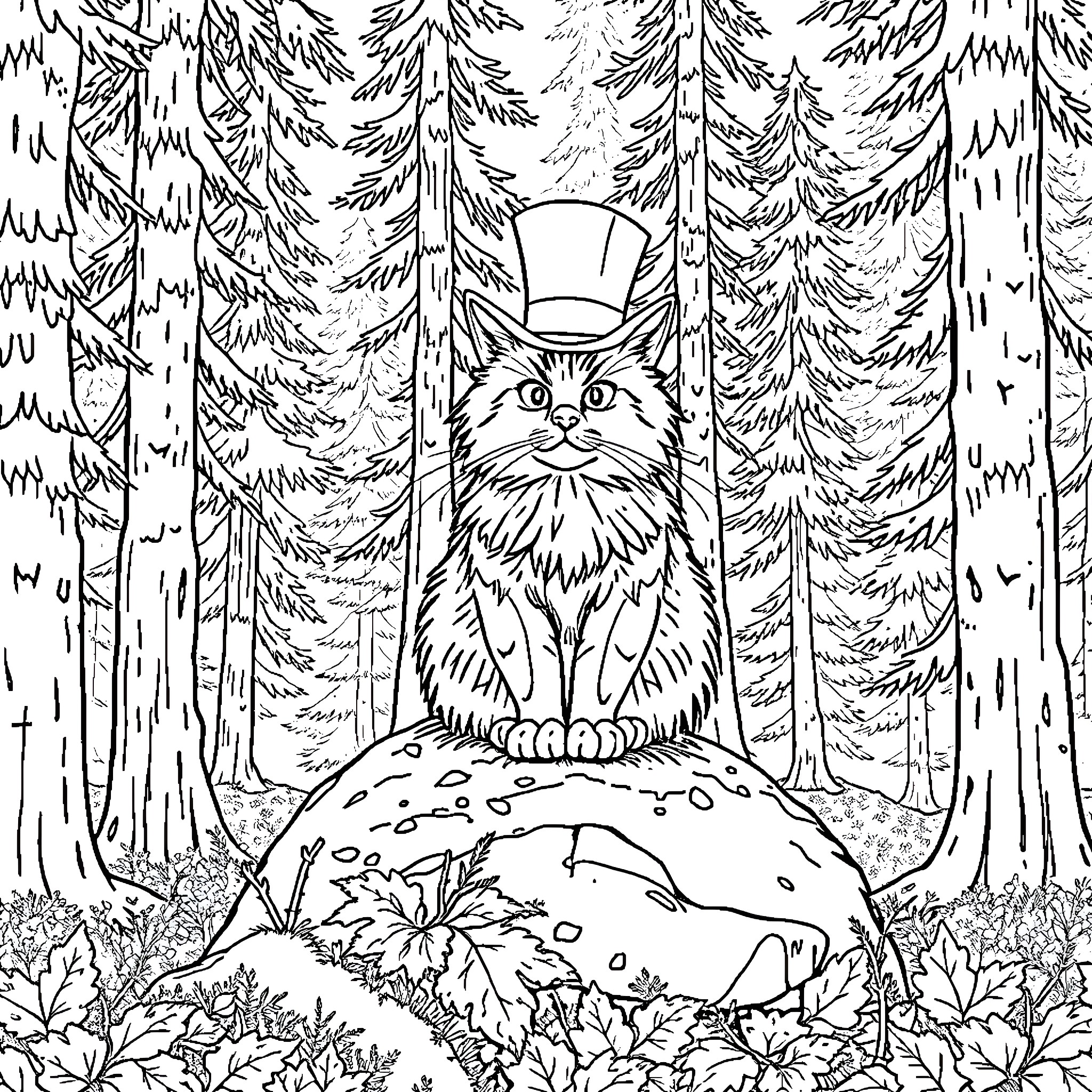 Cat gazing curiously in the forest Coloring Page (free black-and-white line drawing printable PDF for all, from beginners to advanced learners, including children, teens, adults, and seniors)