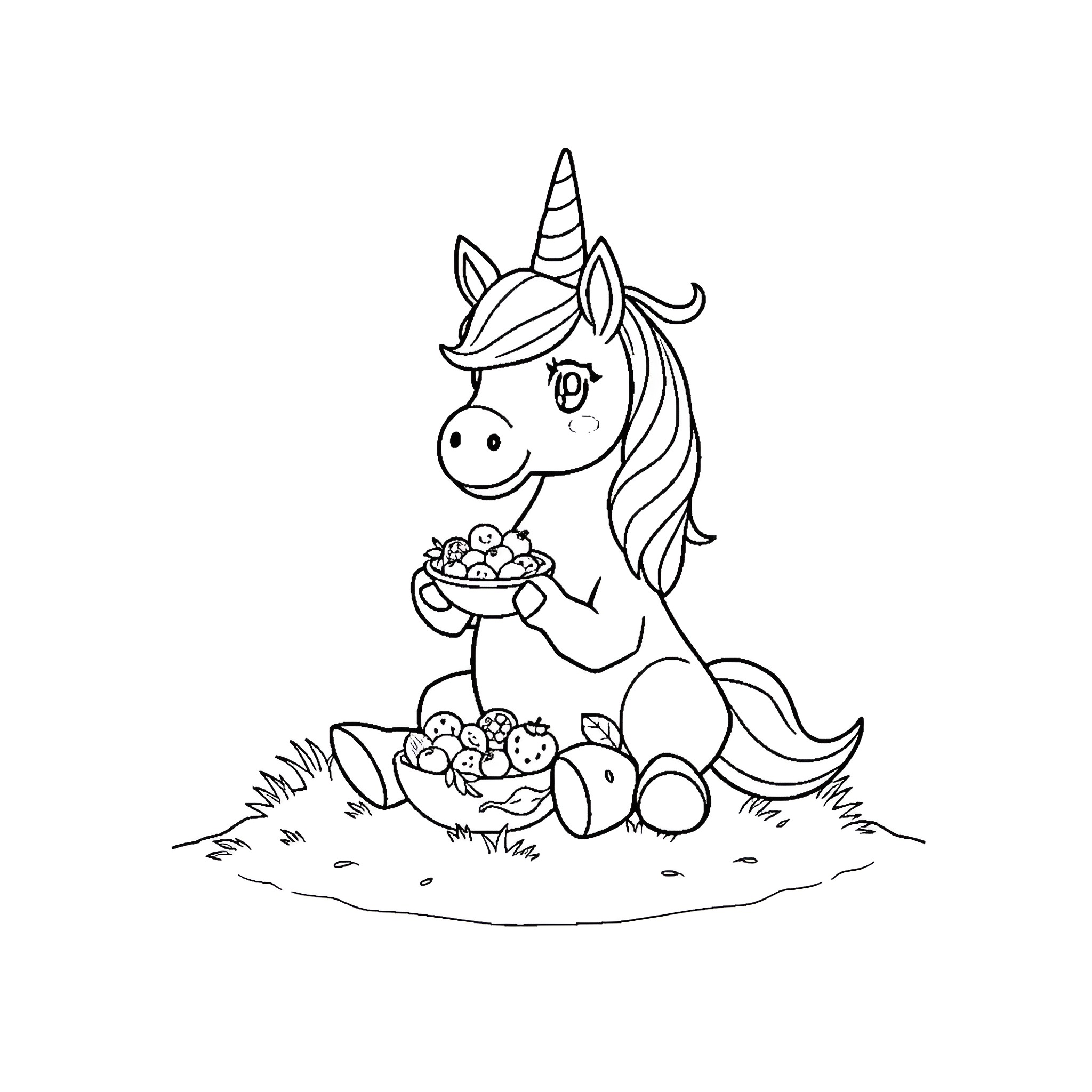 Unicorn Holding Flower Bouquet in Field Coloring Page (free black-and-white line drawing printable PDF for all, from beginners to advanced learners, including children, teens, adults, and seniors)