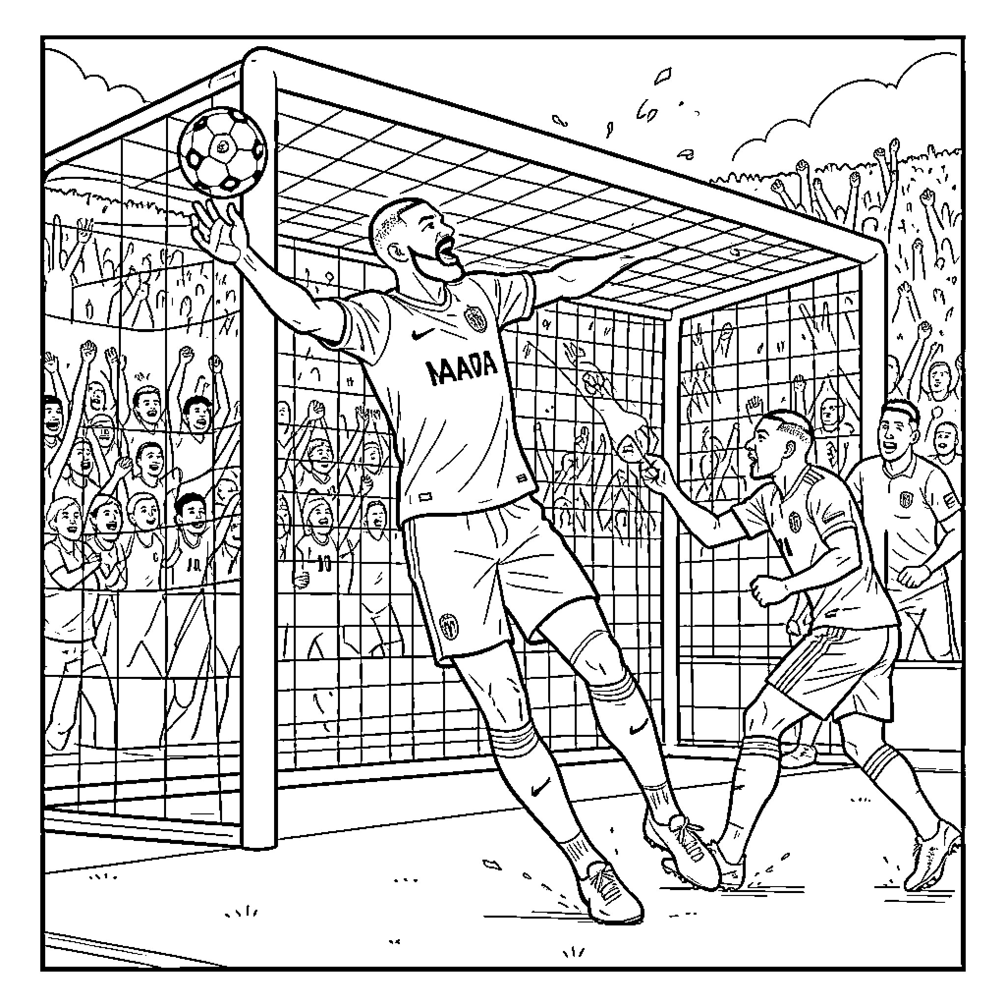 Mbappe celebrating a goal in front of a crowd Coloring Page (free black-and-white line drawing printable PDF for all, from beginners to advanced learners, including children, teens, adults, and seniors)