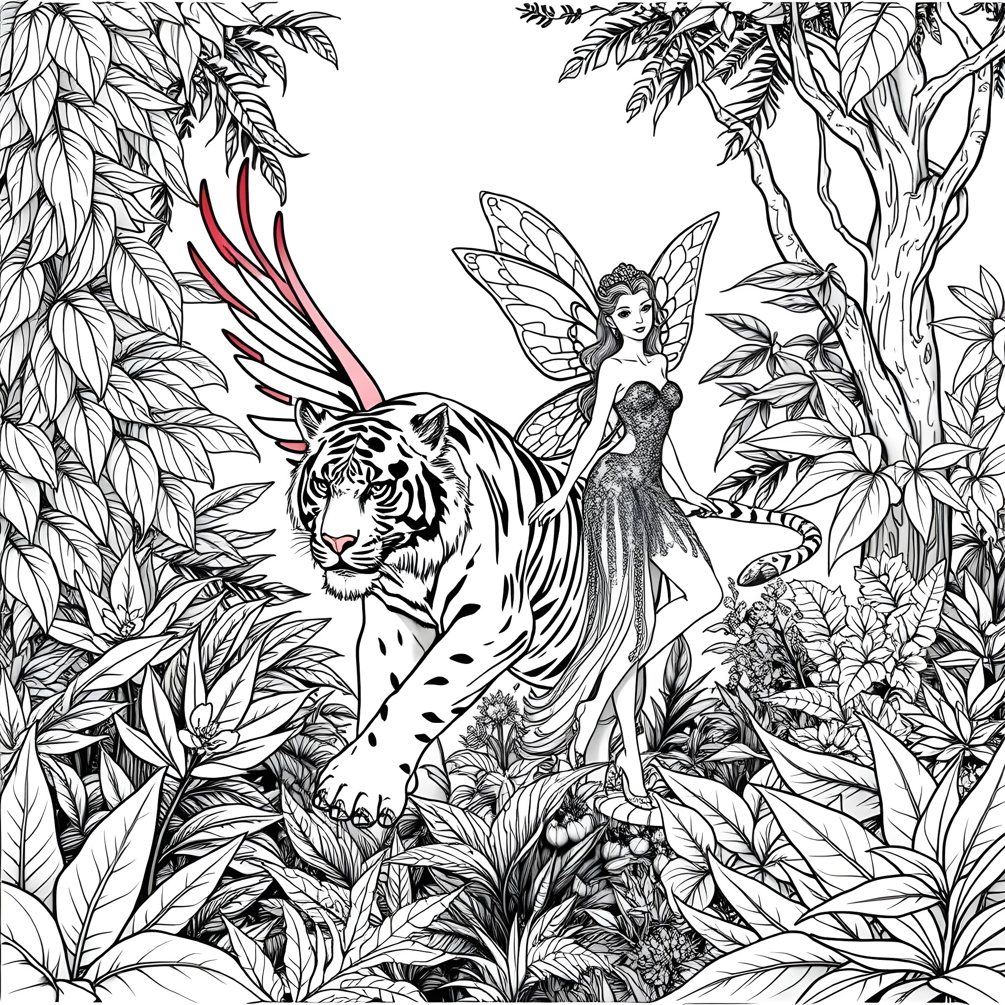 Tiger and Fairy in the Enchanted Jungle Coloring Page (free black-and-white line drawing printable PDF for all, from beginners to advanced learners, including children, teens, adults, and seniors)