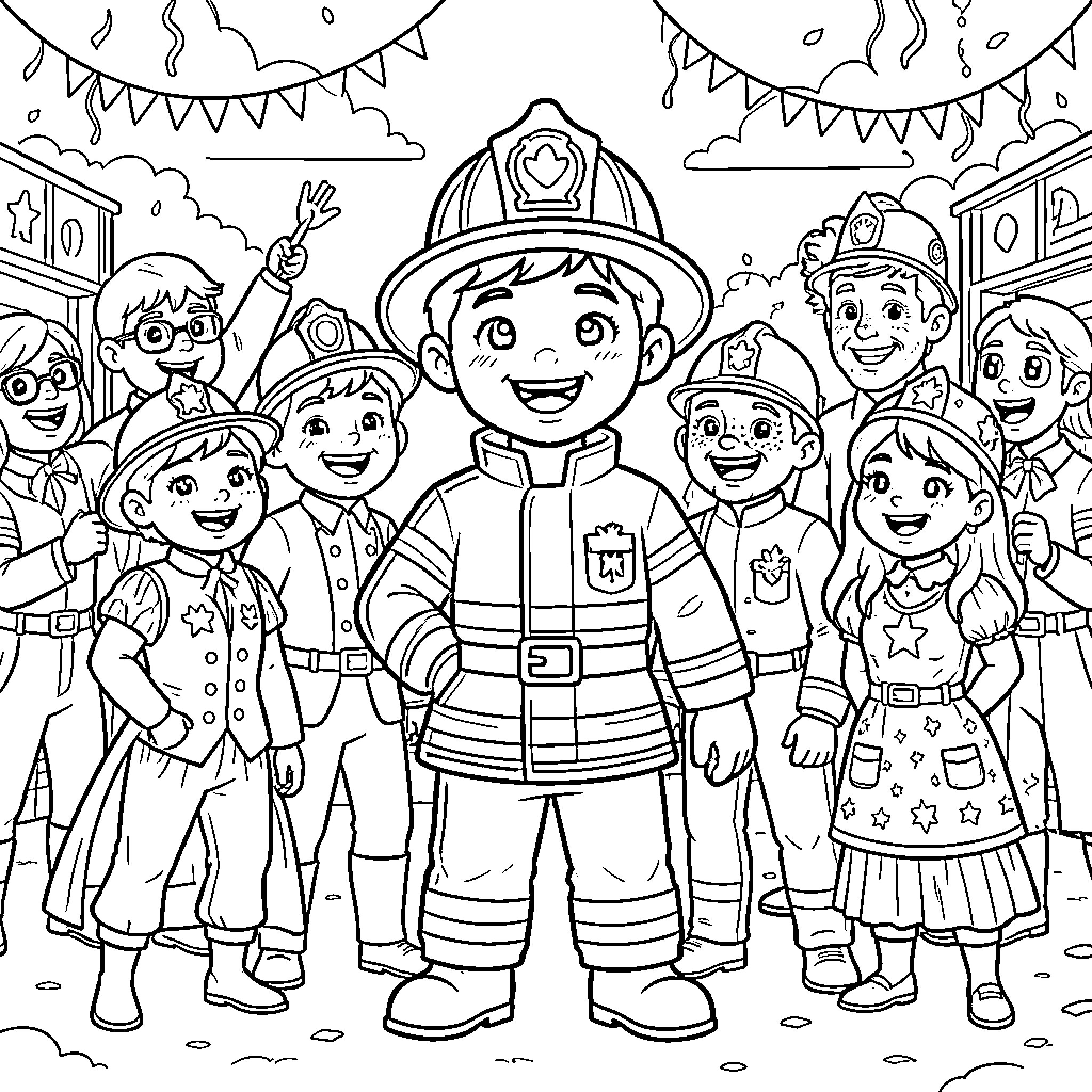 Personnage en fête avec les pompiers et leurs amis Coloring Page (free black-and-white line drawing printable PDF for all, from beginners to advanced learners, including children, teens, adults, and seniors)