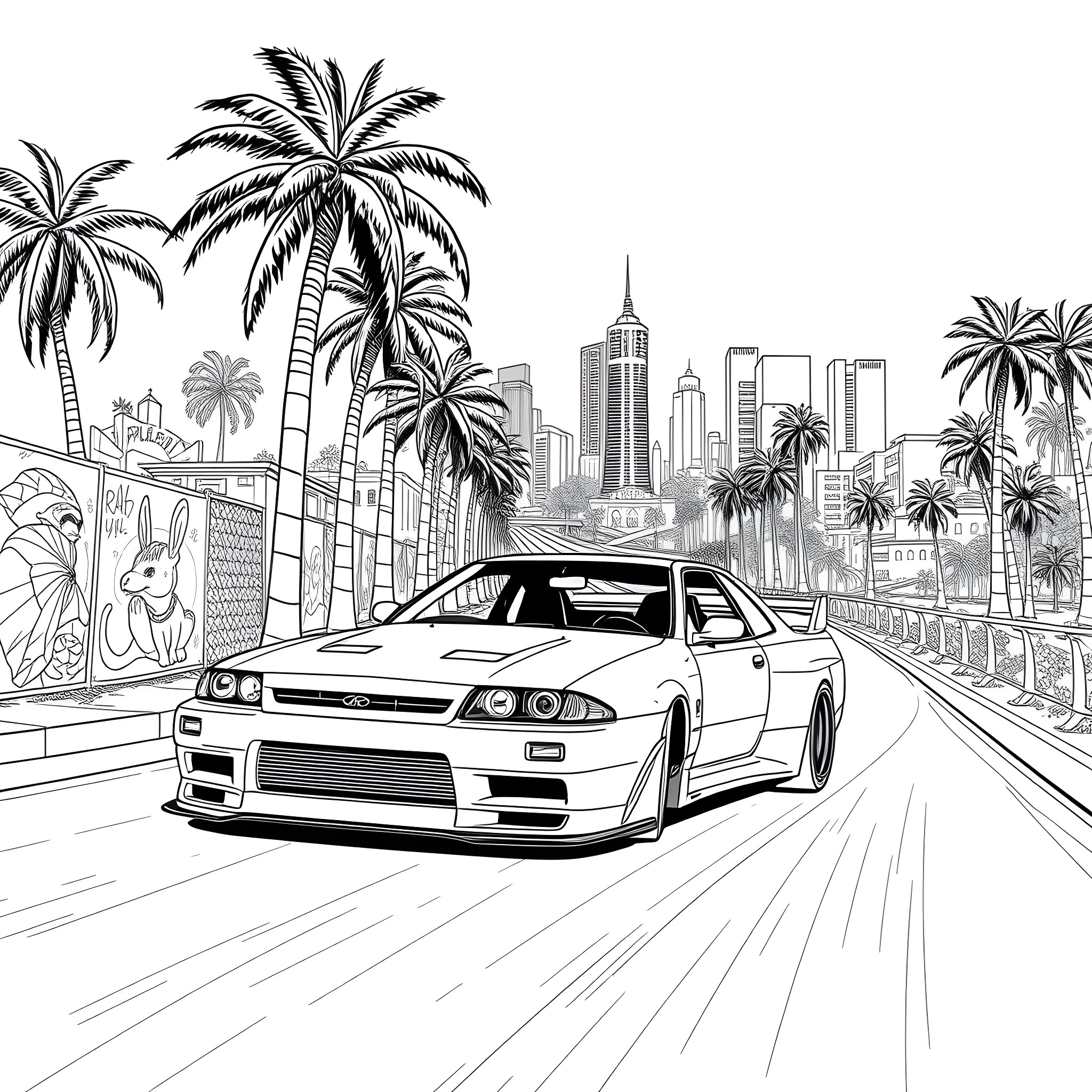 Car speeding through city with palm trees Coloring Page (free black-and-white line drawing printable PDF for all, from beginners to advanced learners, including children, teens, adults, and seniors)