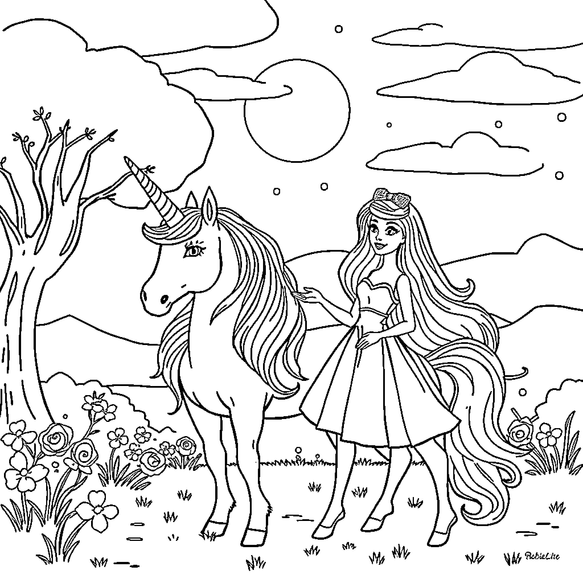 Unicorn and princess in enchanting meadow Coloring Page (free black-and-white line drawing printable PDF for all, from beginners to advanced learners, including children, teens, adults, and seniors)