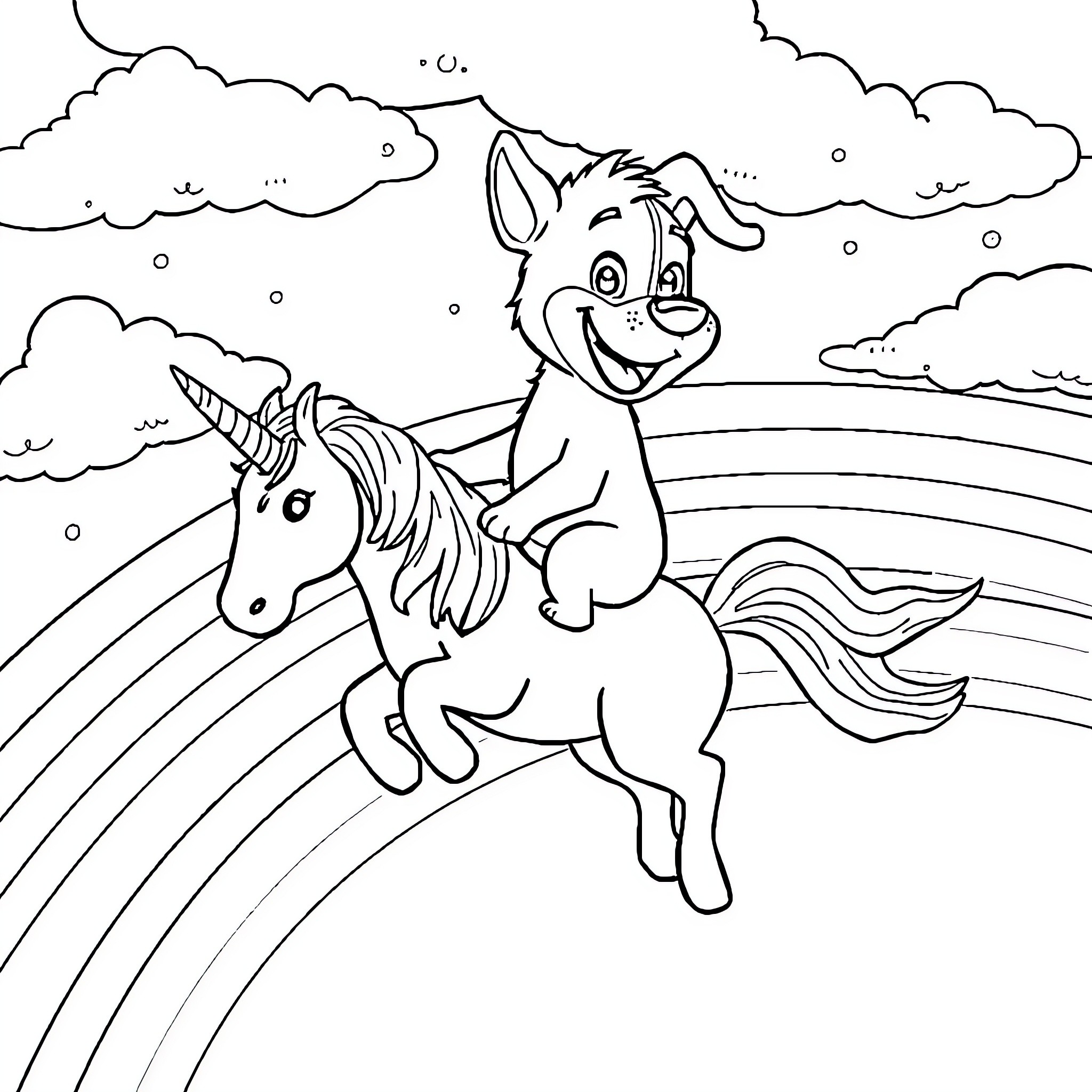 Bluey and Unicorn playing in the sky Coloring Page (free black-and-white line drawing printable PDF for all, from beginners to advanced learners, including children, teens, adults, and seniors)