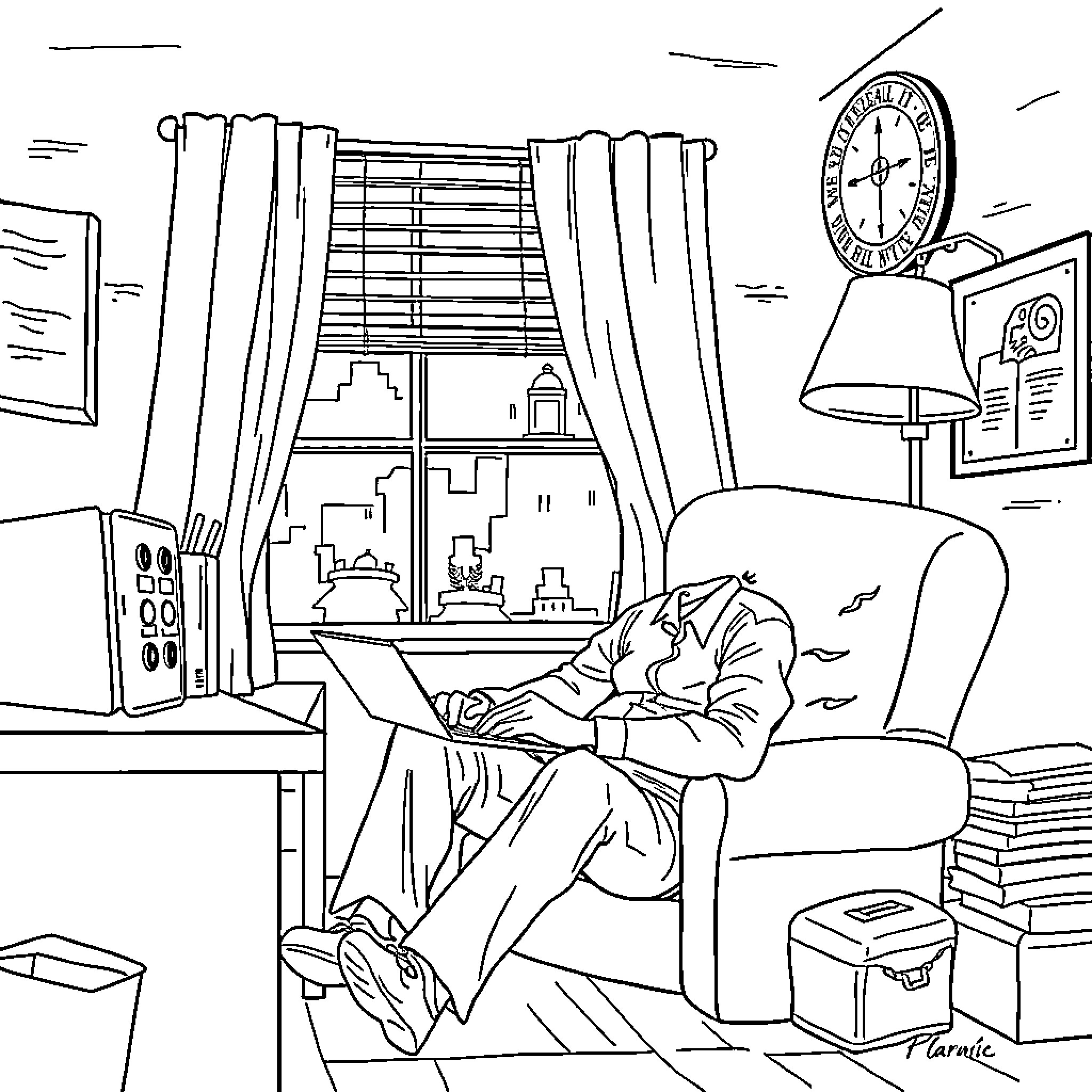 Employee working late at night in office Coloring Page (free black-and-white line drawing printable PDF for all, from beginners to advanced learners, including children, teens, adults, and seniors)