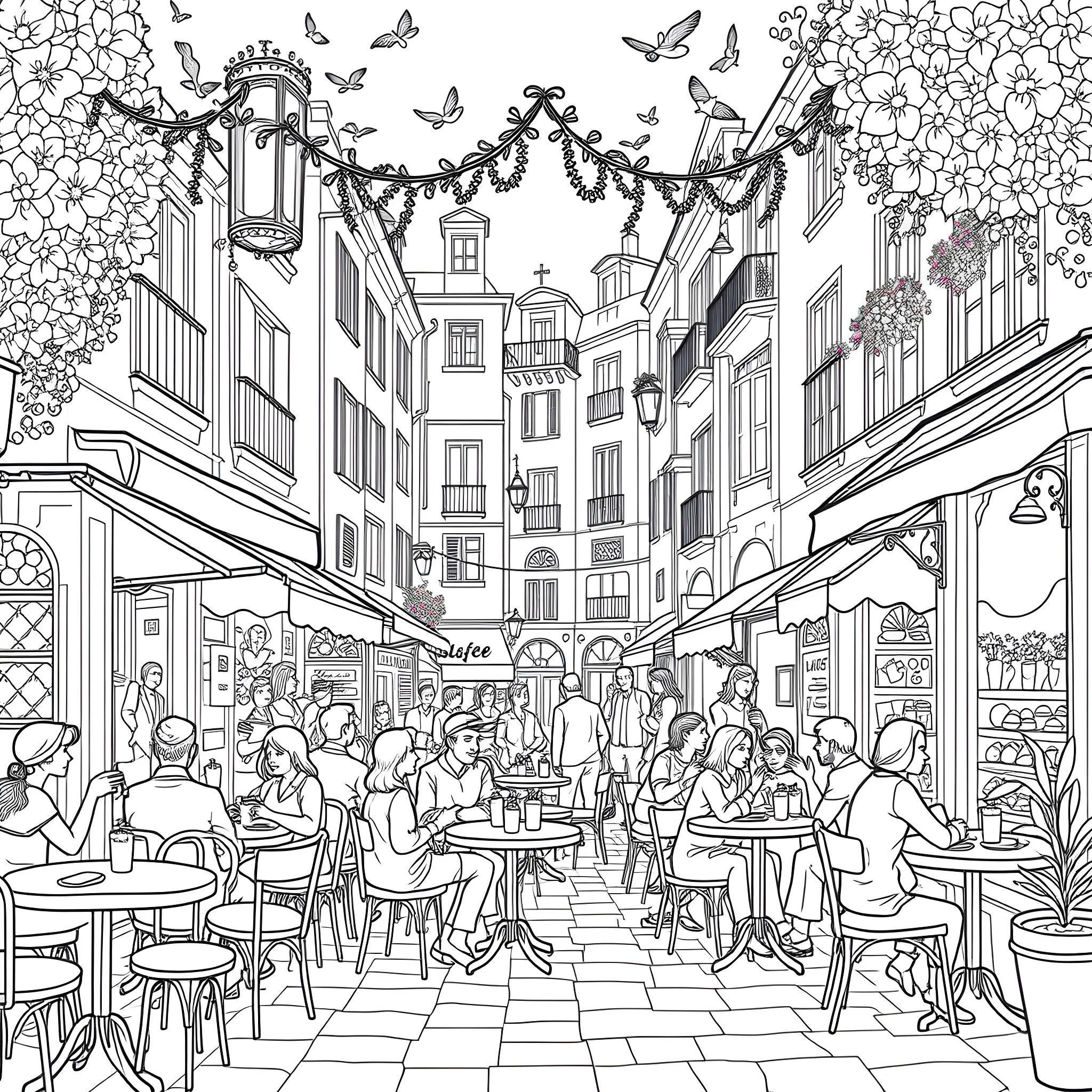 Brainrot: A bustling European street scene with people, shops, and decorations Coloring Page (free black-and-white line drawing printable PDF for all, from beginners to advanced learners, including children, teens, adults, and seniors)