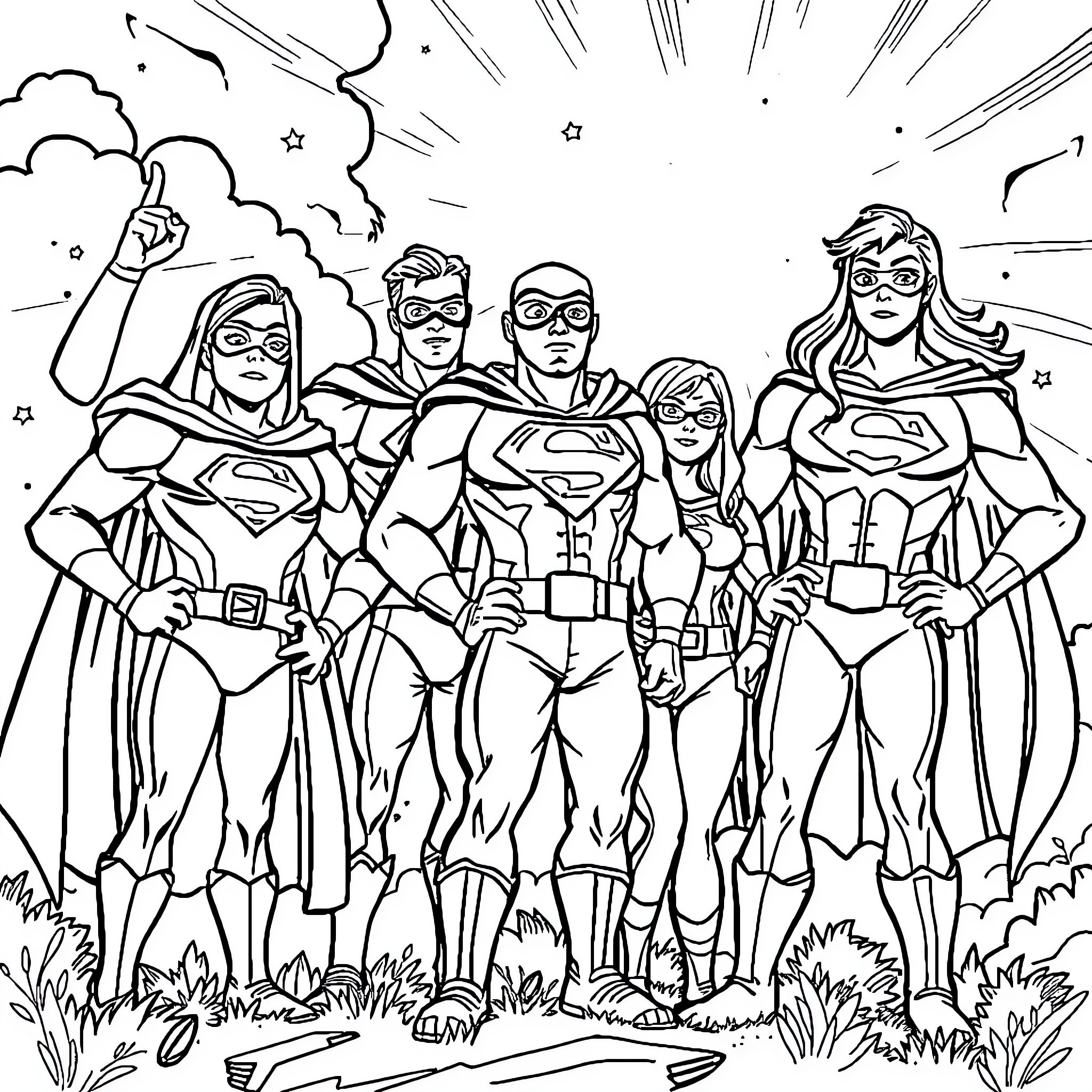 Superhero team assembled for action Coloring Page (free black-and-white line drawing printable PDF for all, from beginners to advanced learners, including children, teens, adults, and seniors)