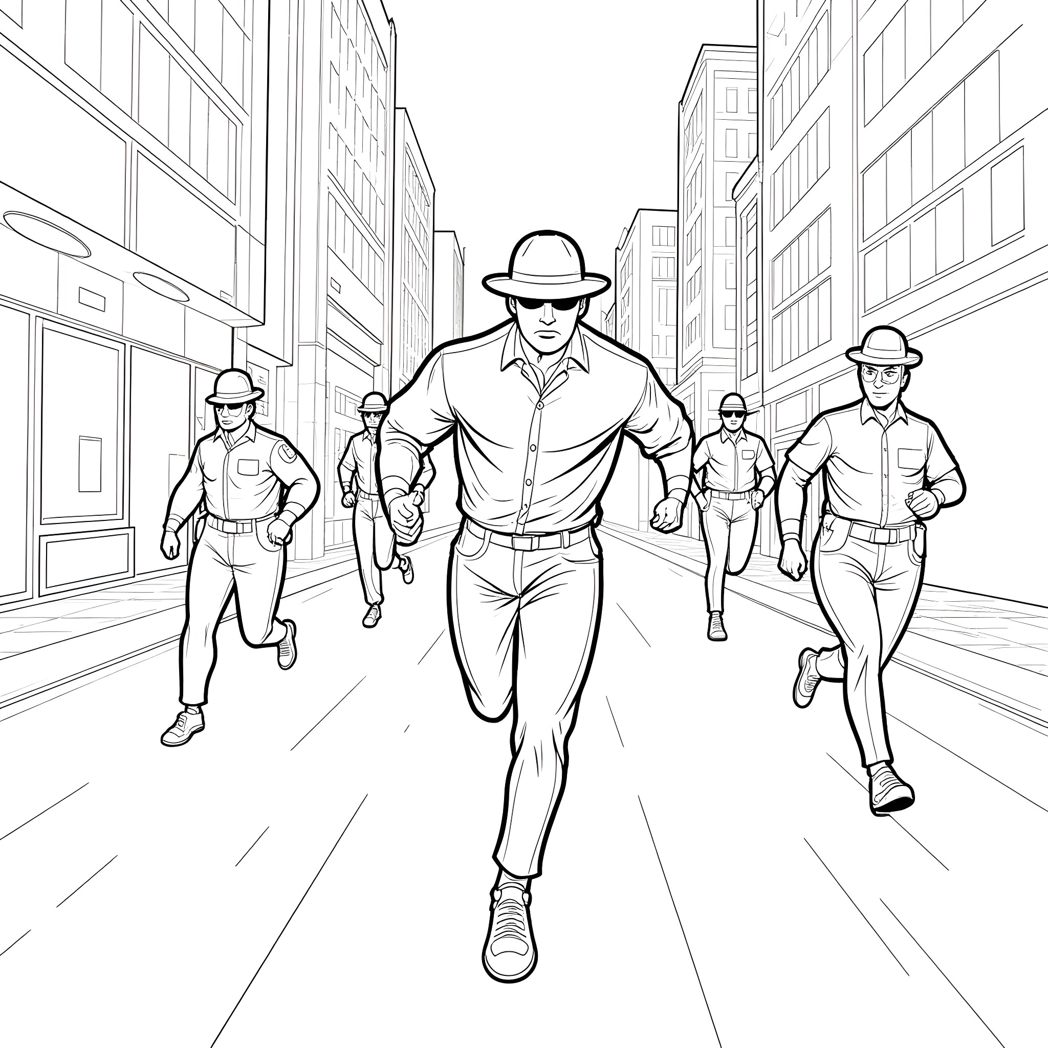 Agent Chasing Down Suspects in City Streets Coloring Page (free black-and-white line drawing printable PDF for all, from beginners to advanced learners, including children, teens, adults, and seniors)