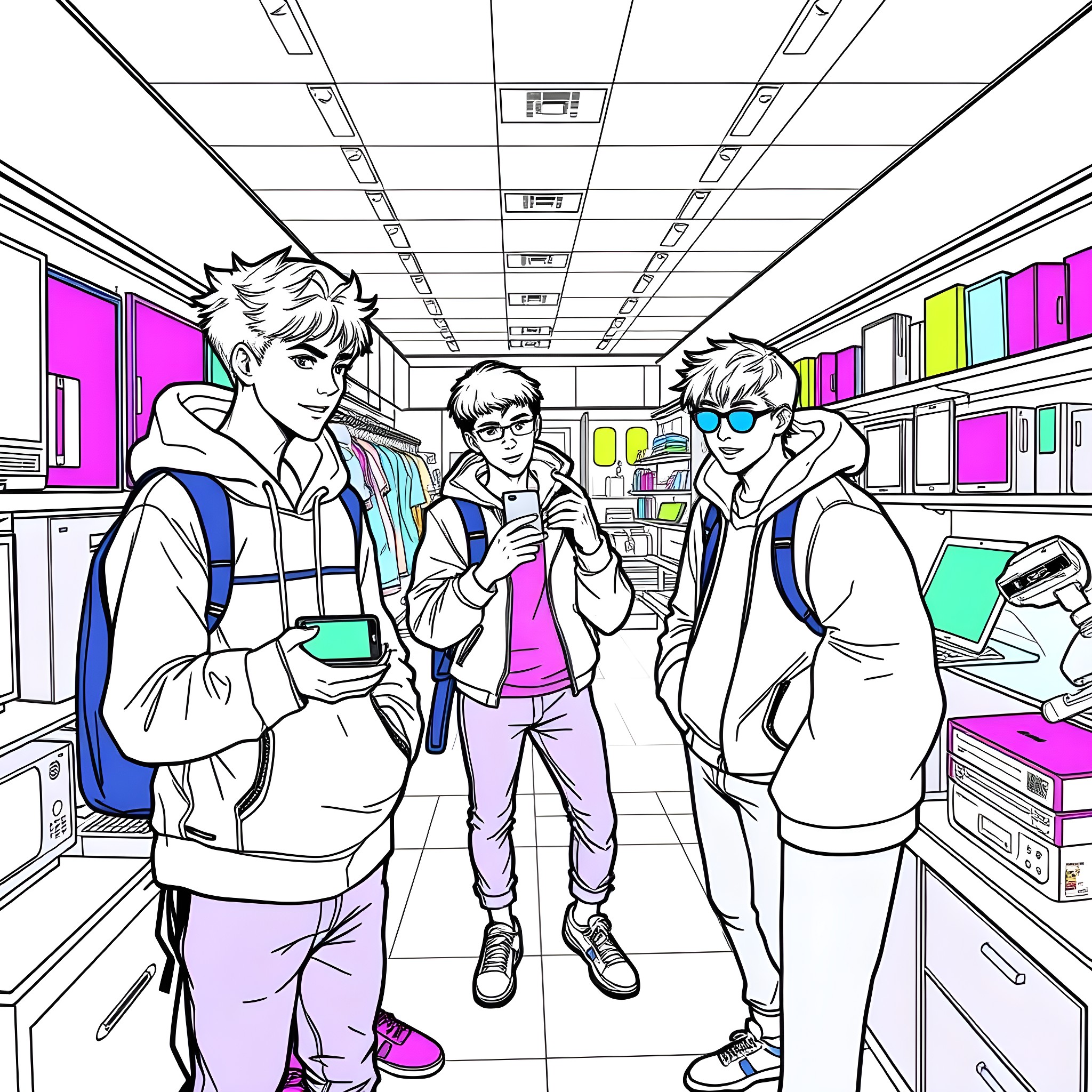 Teen Guys Hanging Out in School Hallway Coloring Page (free black-and-white line drawing printable PDF for all, from beginners to advanced learners, including children, teens, adults, and seniors)
