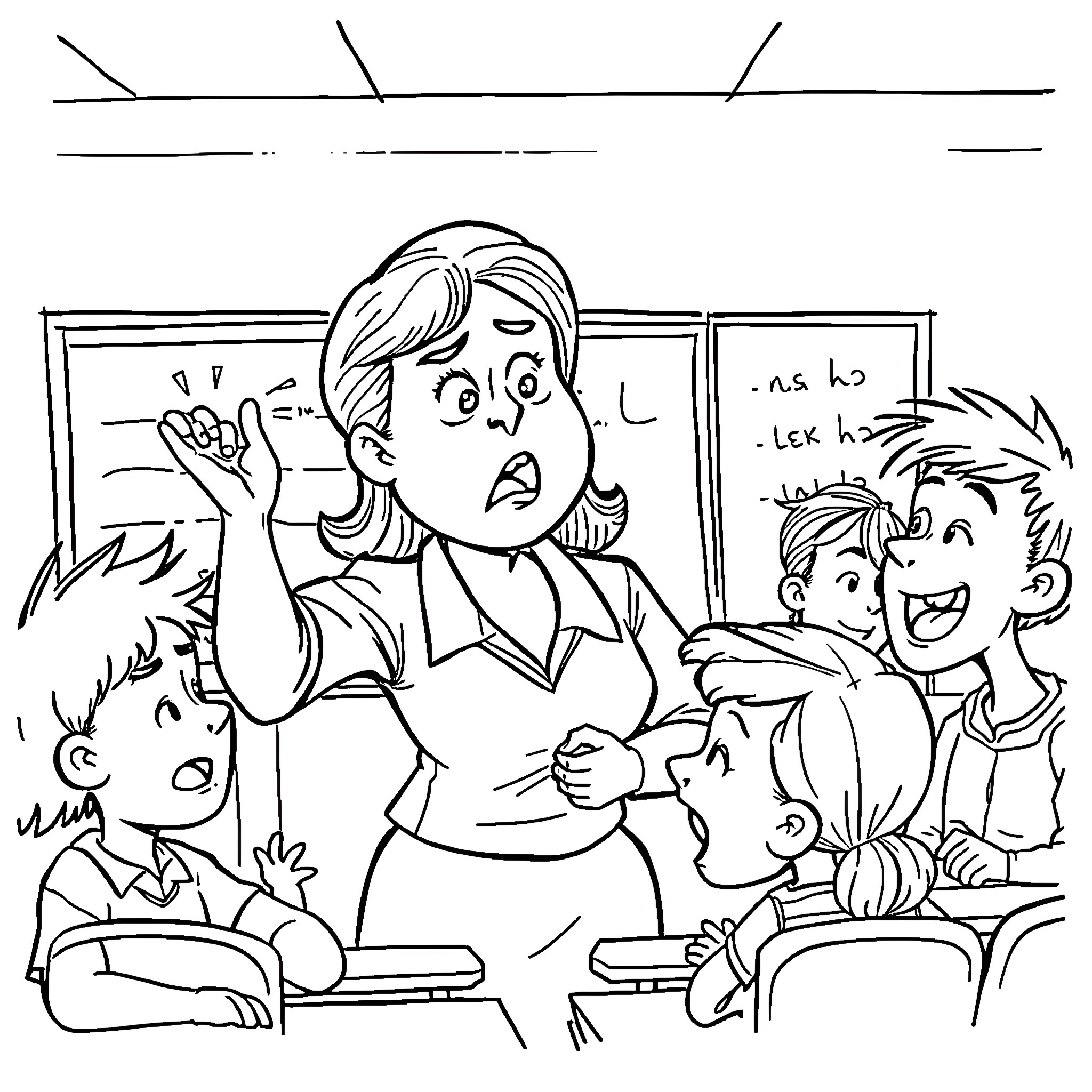 Teacher disciplining disruptive students in the classroom Coloring Page (free black-and-white line drawing printable PDF for all, from beginners to advanced learners, including children, teens, adults, and seniors)