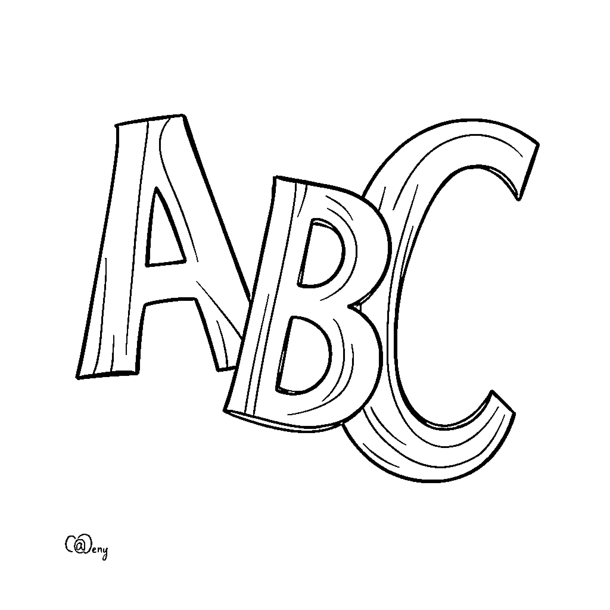 ABC Artistic Typography Illustration Coloring Page (free black-and-white line drawing printable PDF for all, from beginners to advanced learners, including children, teens, adults, and seniors)