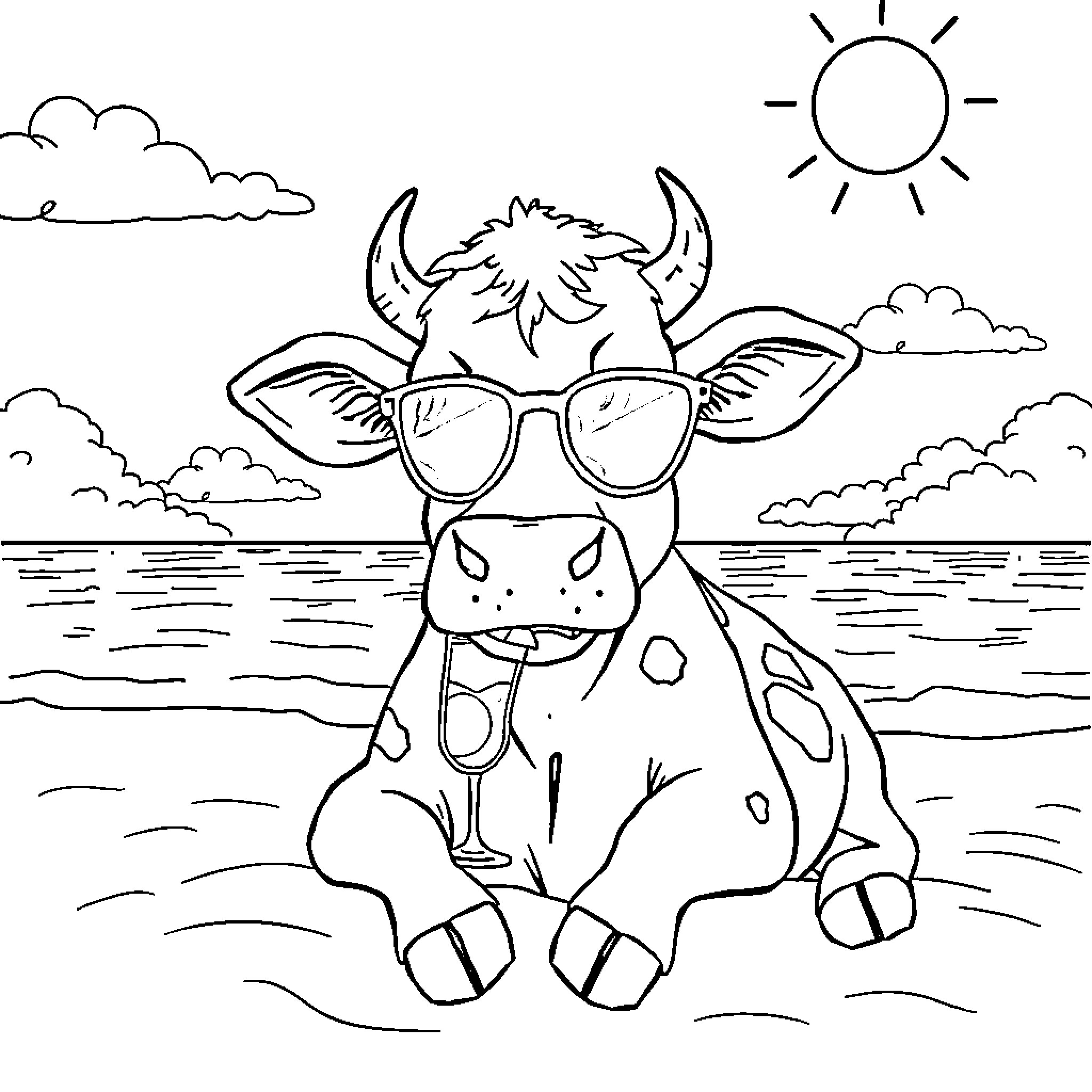 Cow relaxing on the beach with sunglasses Coloring Page (free black-and-white line drawing printable PDF for all, from beginners to advanced learners, including children, teens, adults, and seniors)