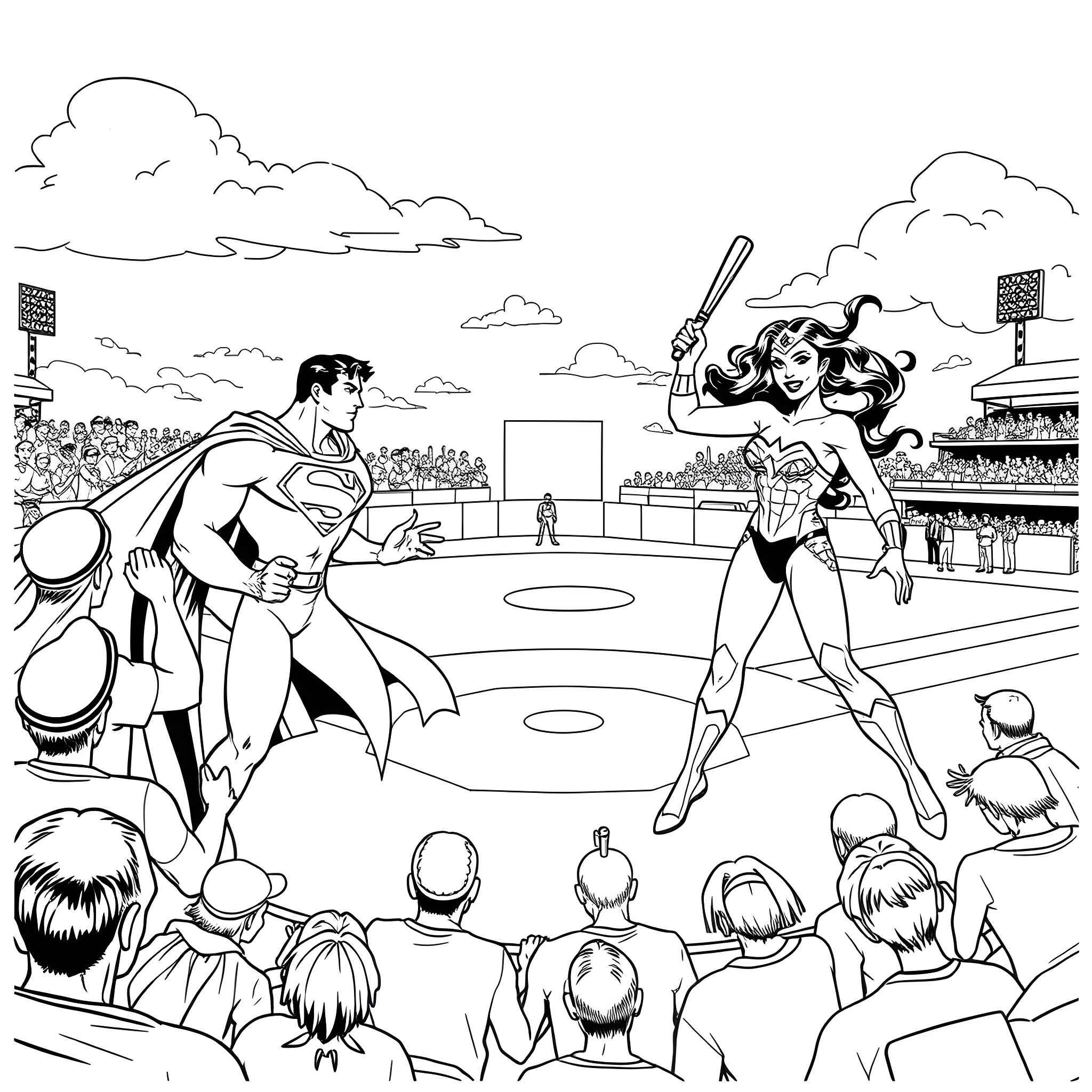 Justice League Superheroes Battle in Stadium Coloring Page (free black-and-white line drawing printable PDF for all, from beginners to advanced learners, including children, teens, adults, and seniors)