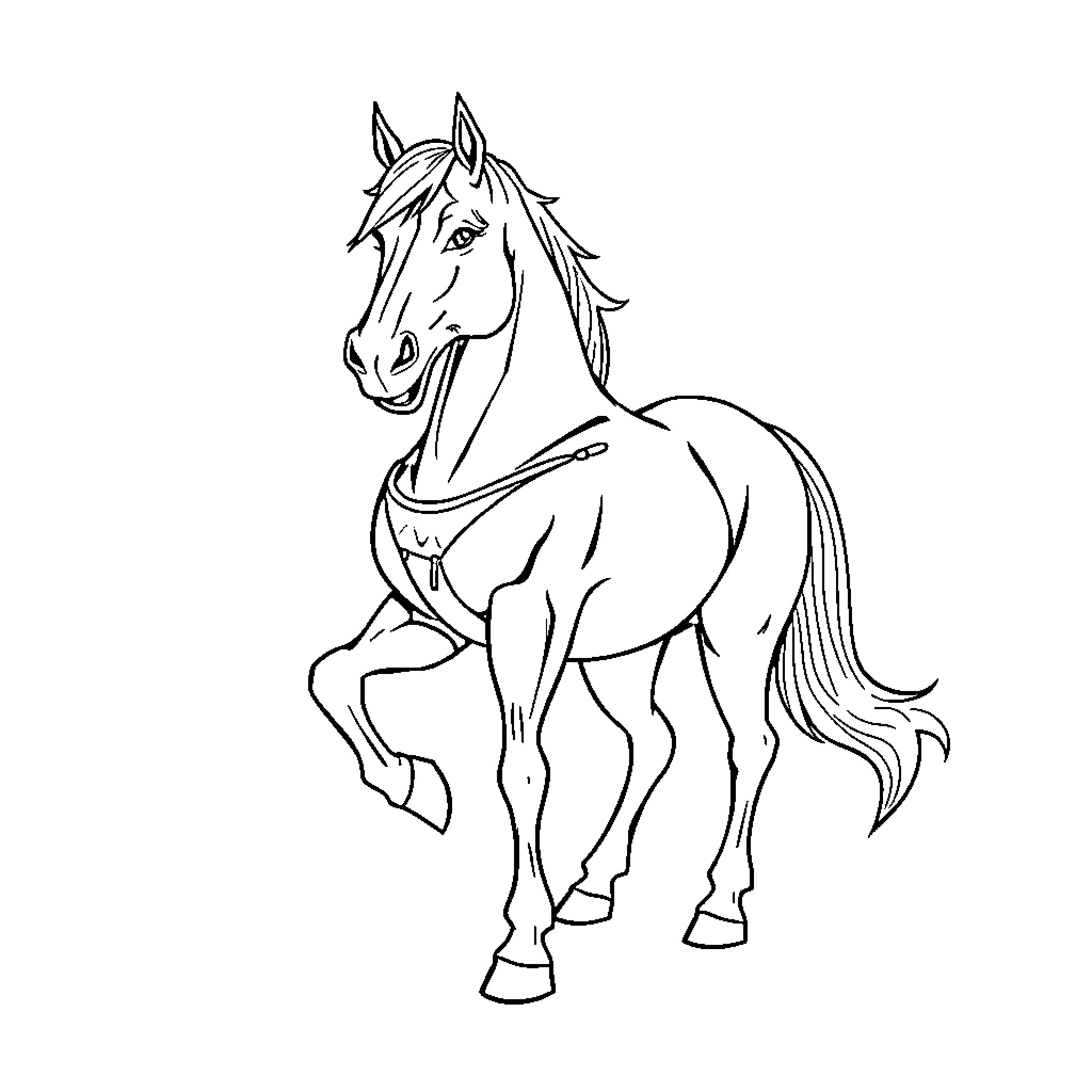 Horse standing in a simple outline drawing Coloring Page (free black-and-white line drawing printable PDF for all, from beginners to advanced learners, including children, teens, adults, and seniors)