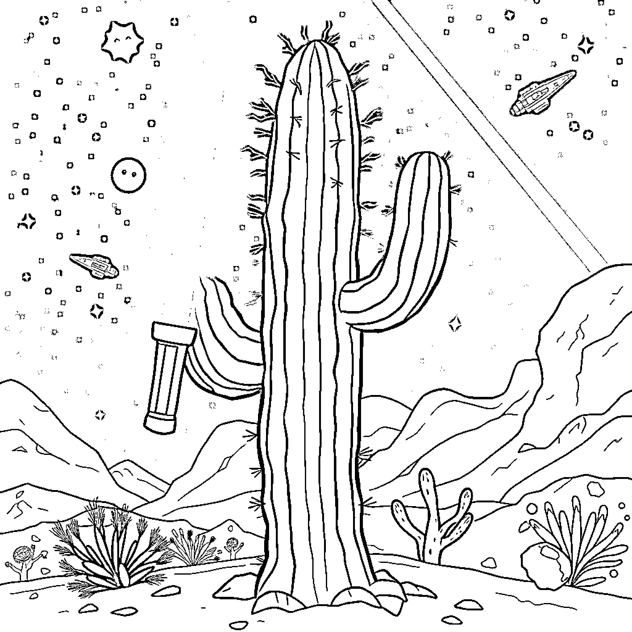 Cactus thriving in the desert landscape Coloring Page (free black-and-white line drawing printable PDF for all, from beginners to advanced learners, including children, teens, adults, and seniors)