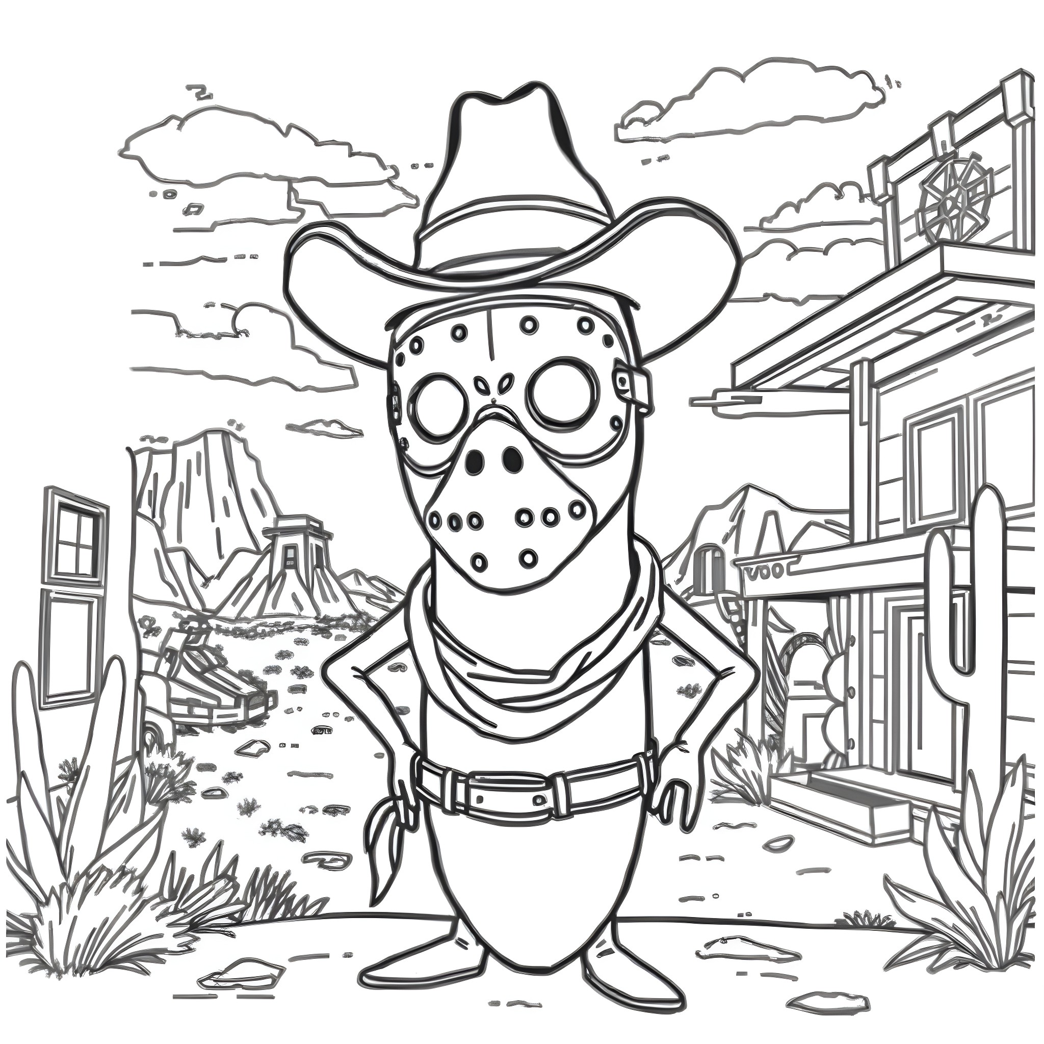 Banana outlaw in the wild west Coloring Page (free black-and-white line drawing printable PDF for all, from beginners to advanced learners, including children, teens, adults, and seniors)