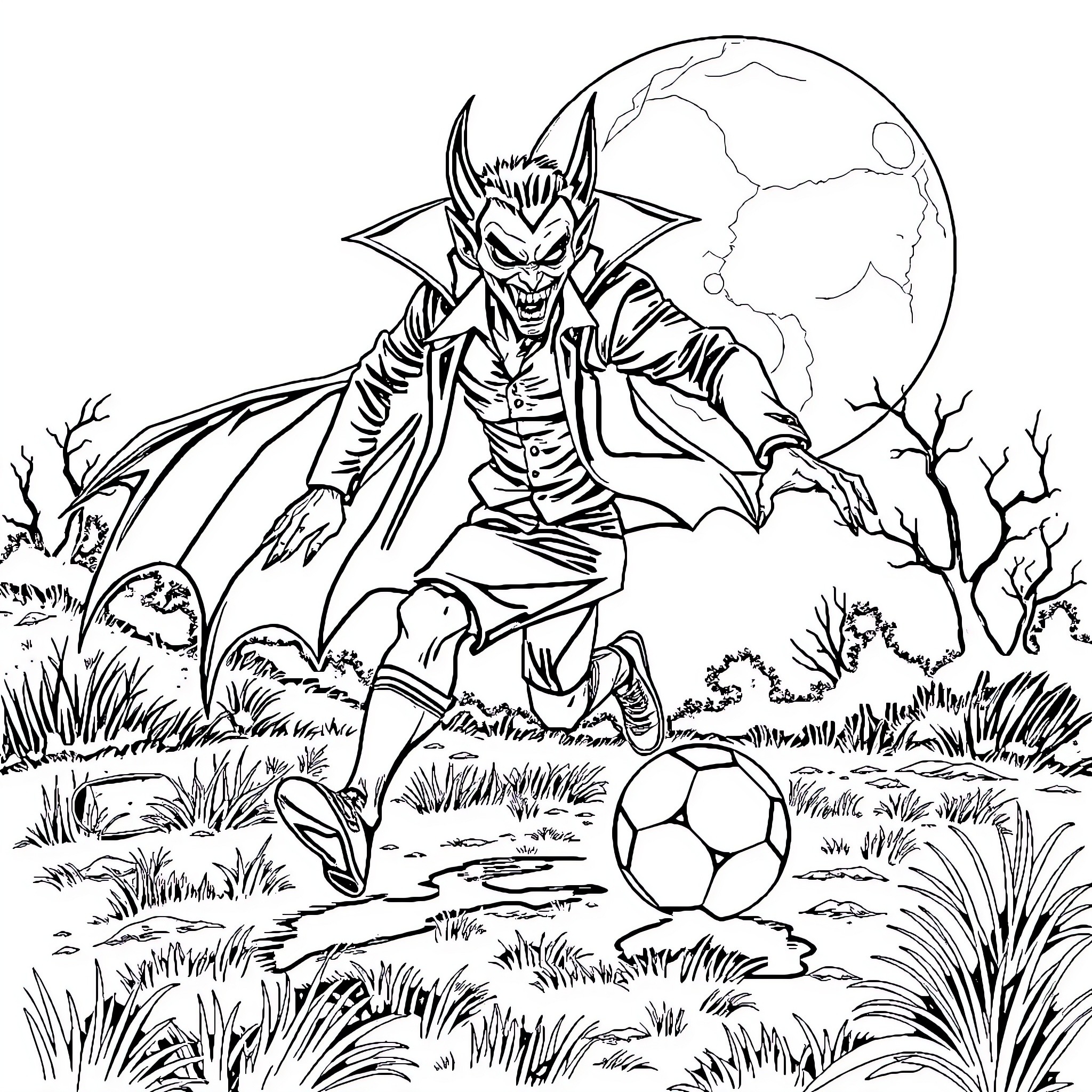 Vampire Playing Soccer in Haunting Landscape Coloring Page (free black-and-white line drawing printable PDF for all, from beginners to advanced learners, including children, teens, adults, and seniors)