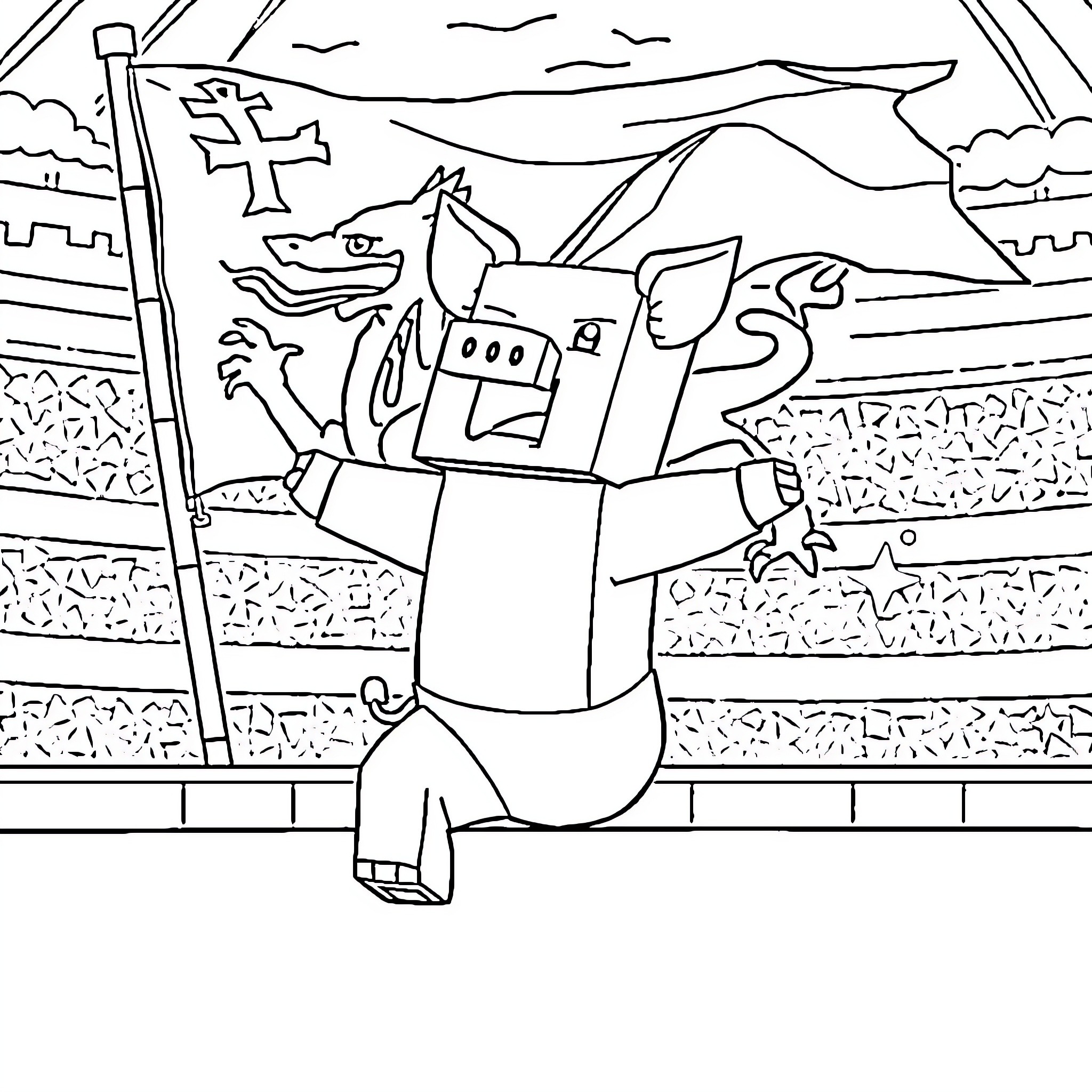 Pig riding a mechanical robot in a medieval arena Coloring Page (free black-and-white line drawing printable PDF for all, from beginners to advanced learners, including children, teens, adults, and seniors)
