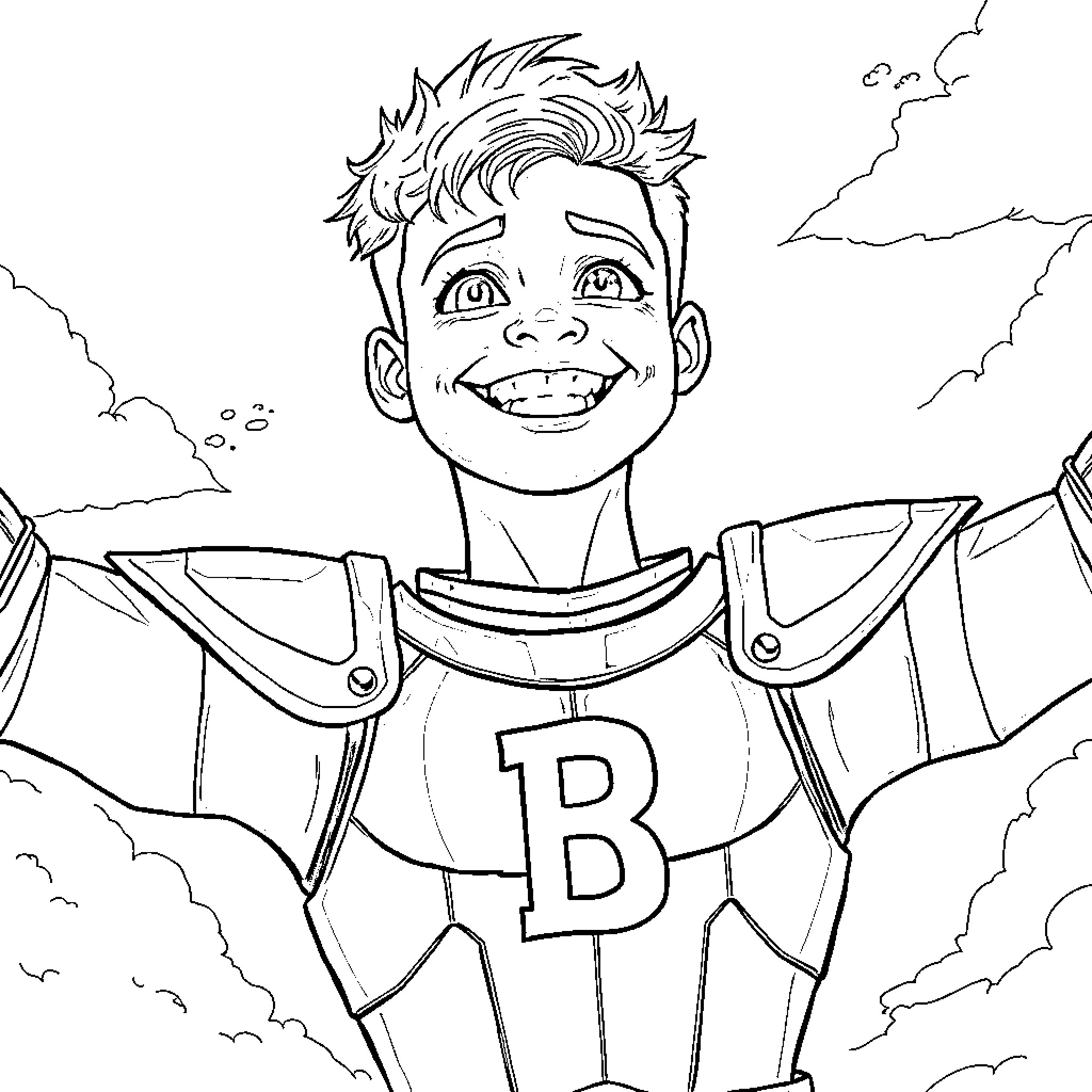 Young Man in Superhero Uniform Smiling Confidently Coloring Page (free black-and-white line drawing printable PDF for all, from beginners to advanced learners, including children, teens, adults, and seniors)