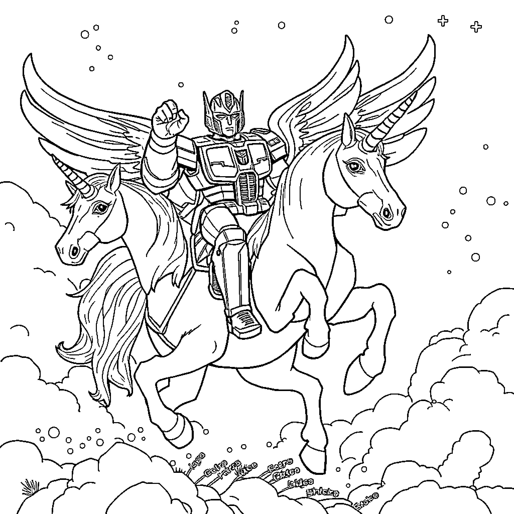 Optimus Prime riding majestic unicorns in the clouds Coloring Page (free black-and-white line drawing printable PDF for all, from beginners to advanced learners, including children, teens, adults, and seniors)