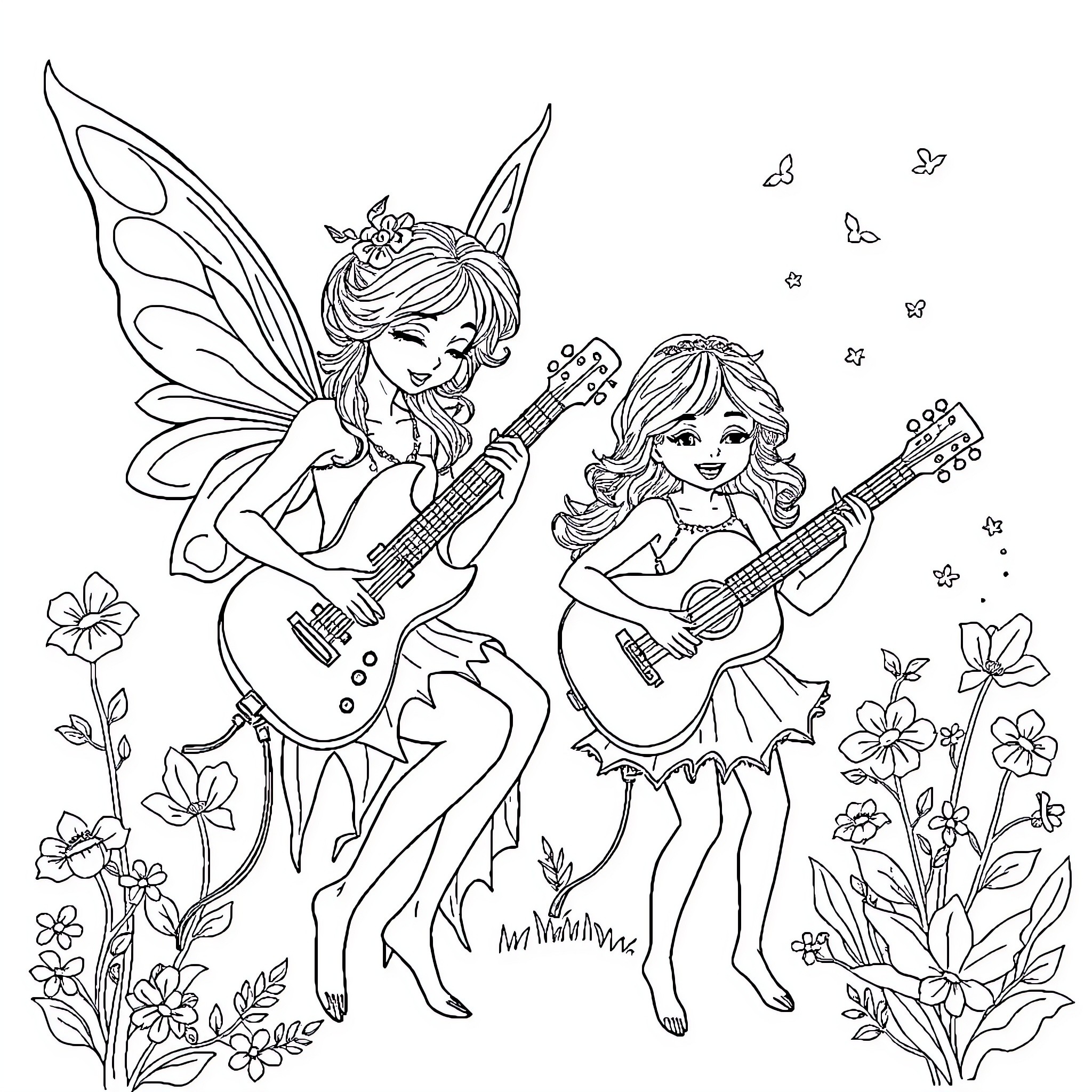 Faerie Musicians Playing Guitars in Enchanted Garden Coloring Page (free black-and-white line drawing printable PDF for all, from beginners to advanced learners, including children, teens, adults, and seniors)