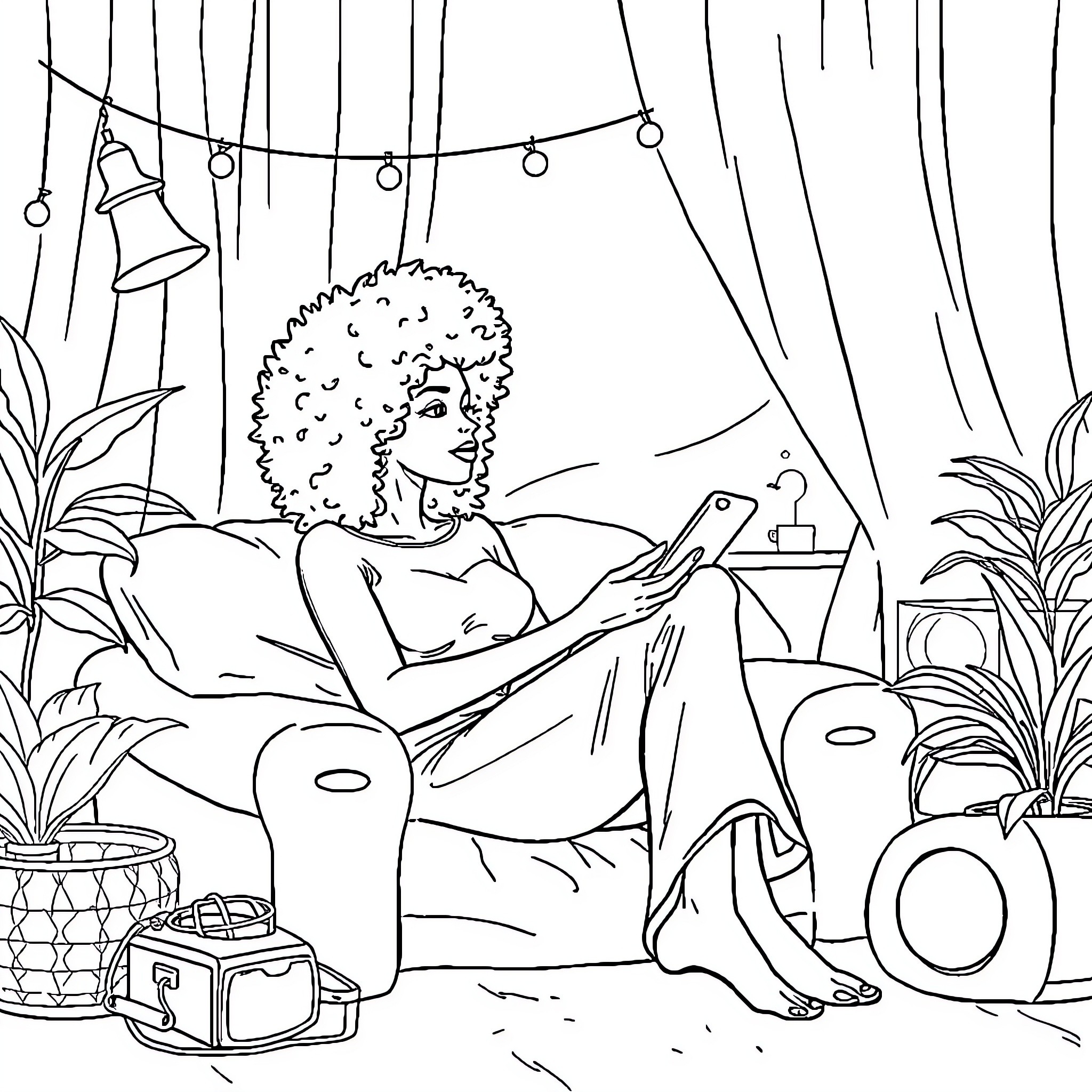 Woman relaxing in serene garden setting Coloring Page (free black-and-white line drawing printable PDF for all, from beginners to advanced learners, including children, teens, adults, and seniors)