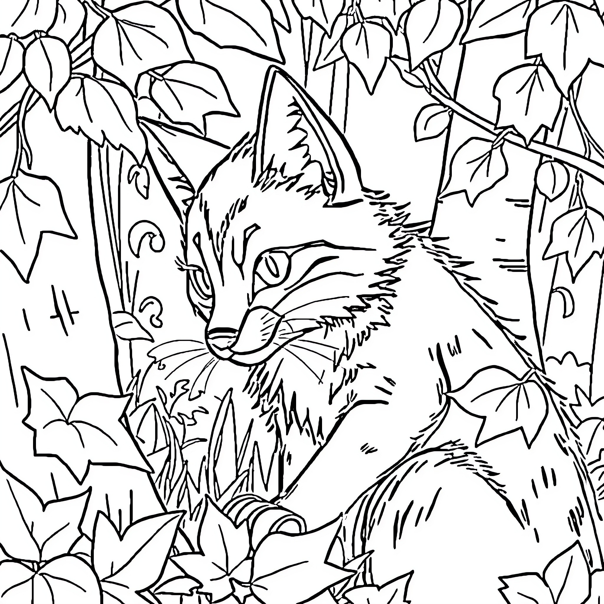 Zorro the fox hiding in the foliage Coloring Page (free black-and-white line drawing printable PDF for all, from beginners to advanced learners, including children, teens, adults, and seniors)