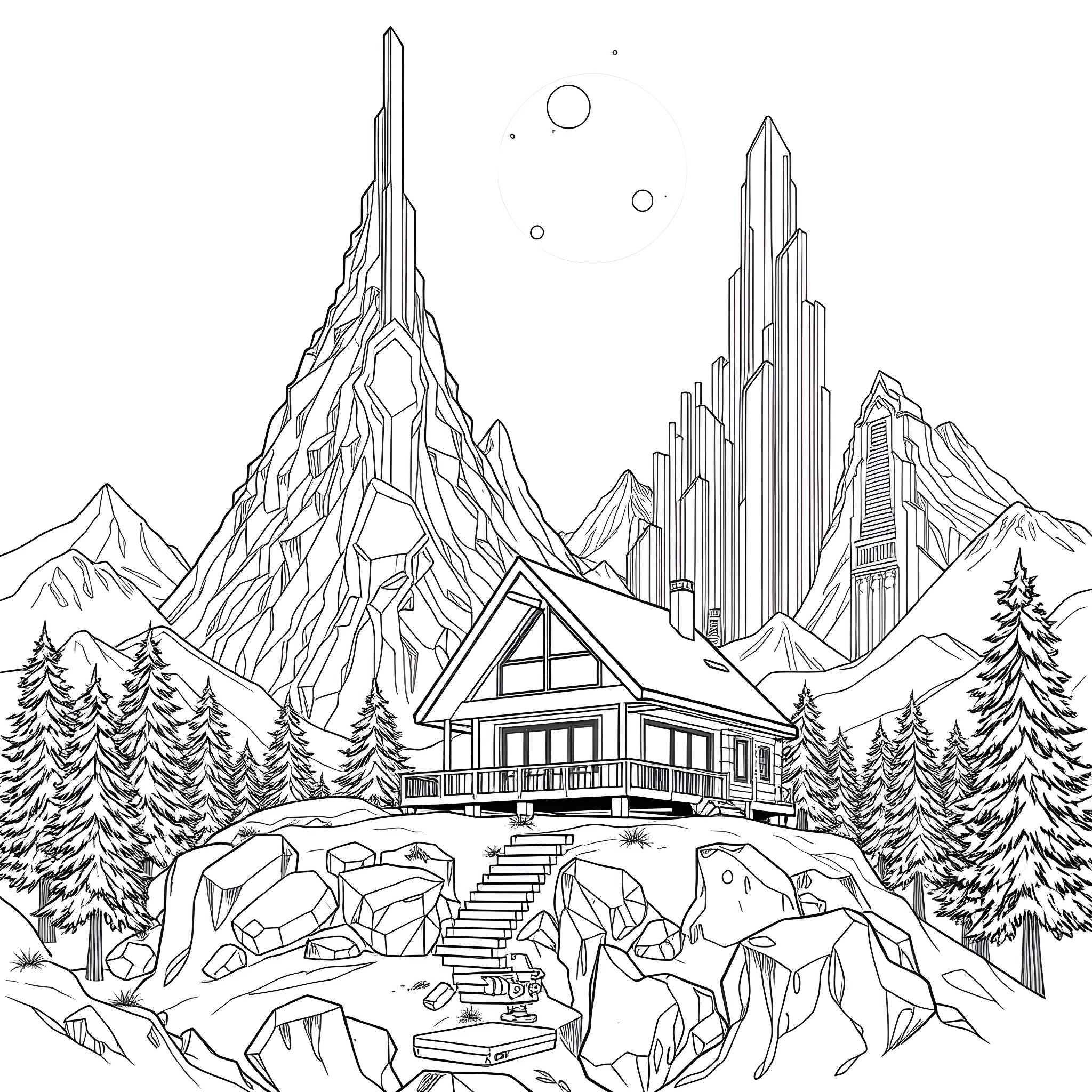 Cabin in the mountain landscape Coloring Page (free black-and-white line drawing printable PDF for all, from beginners to advanced learners, including children, teens, adults, and seniors)