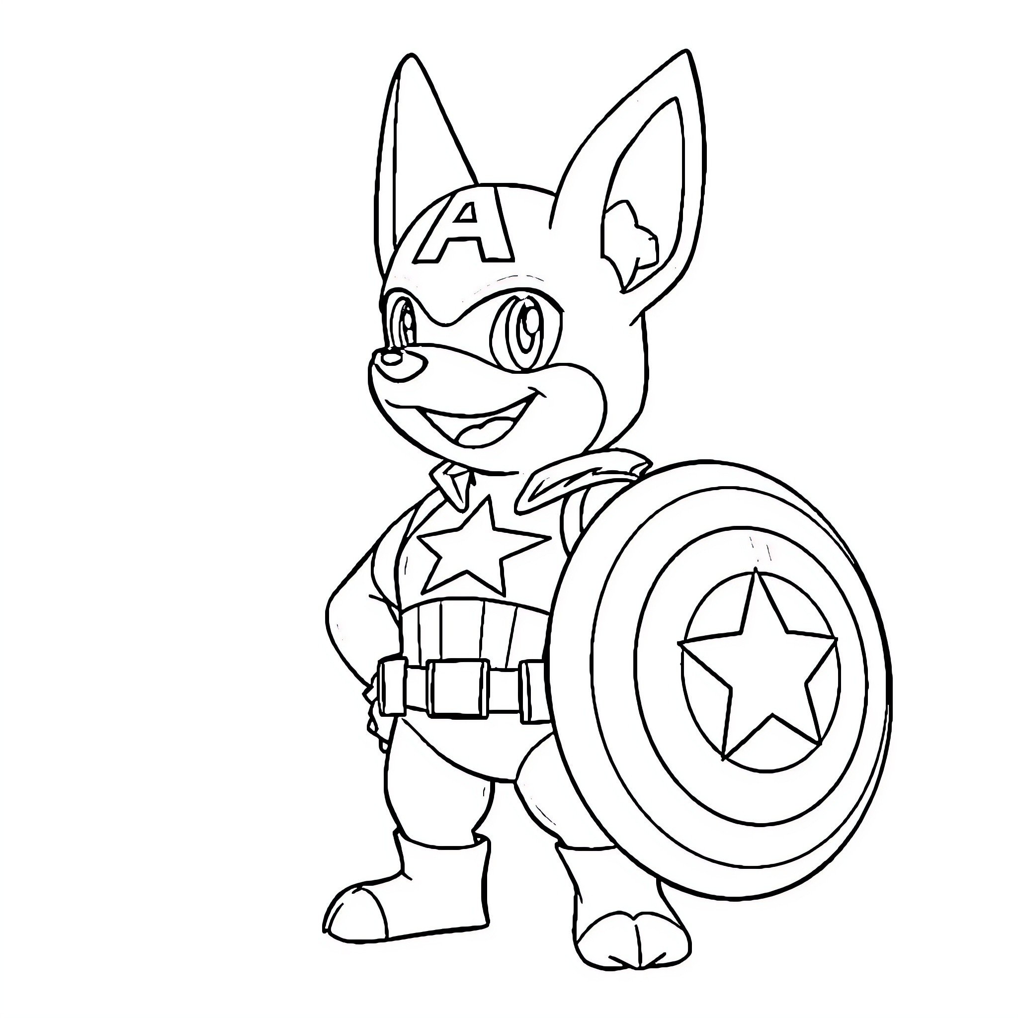 Lucario as Captain America superhero Coloring Page (free black-and-white line drawing printable PDF for all, from beginners to advanced learners, including children, teens, adults, and seniors)