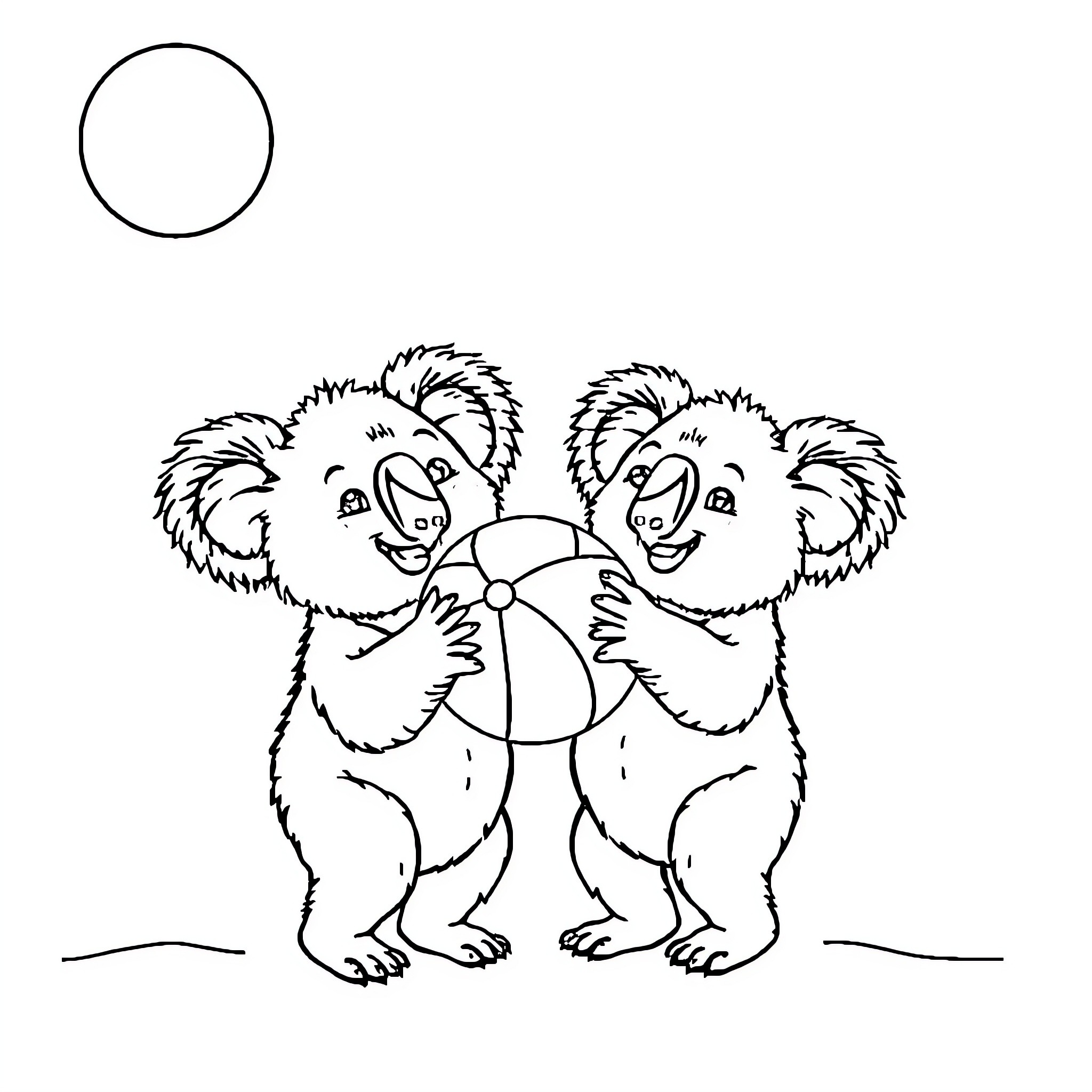 Koala friends playing with ball Coloring Page (free black-and-white line drawing printable PDF for all, from beginners to advanced learners, including children, teens, adults, and seniors)
