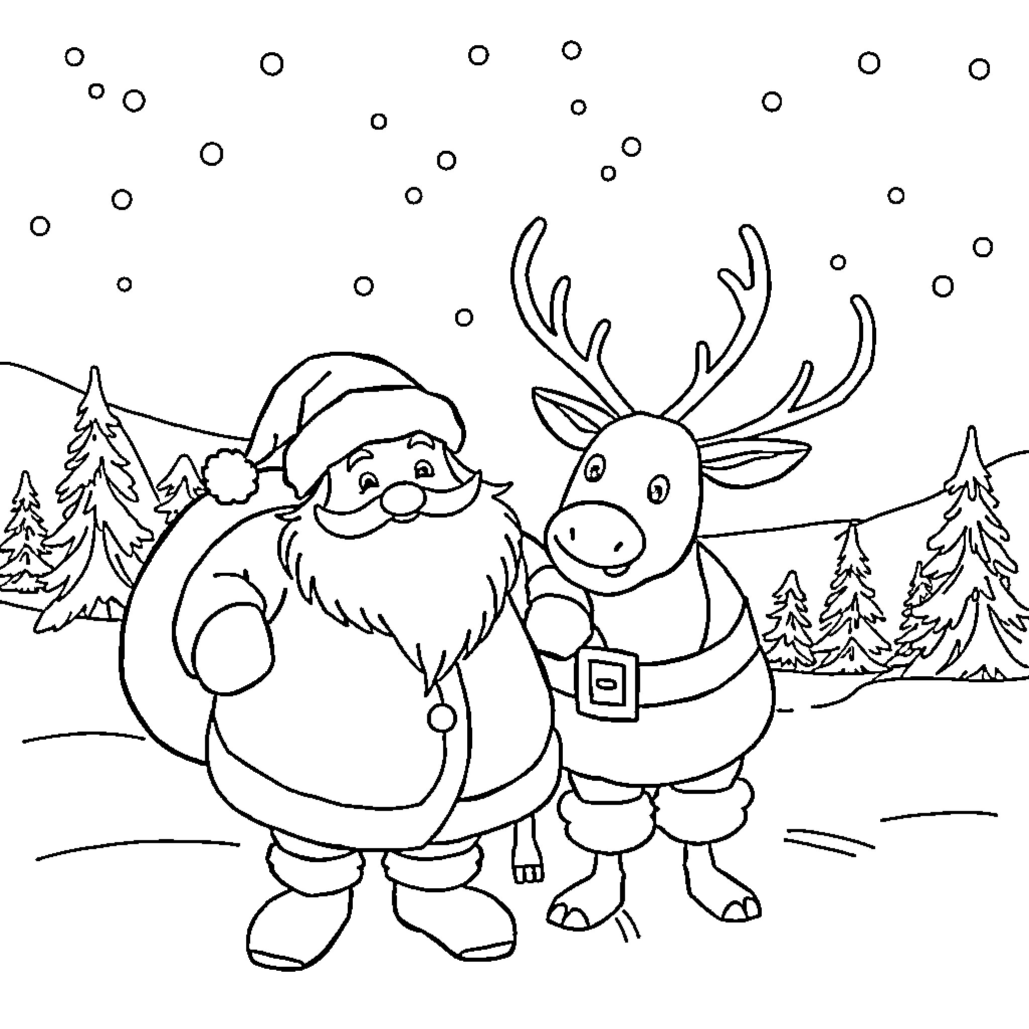 Santa and his reindeer in the snowy winter Coloring Page (free black-and-white line drawing printable PDF for all, from beginners to advanced learners, including children, teens, adults, and seniors)