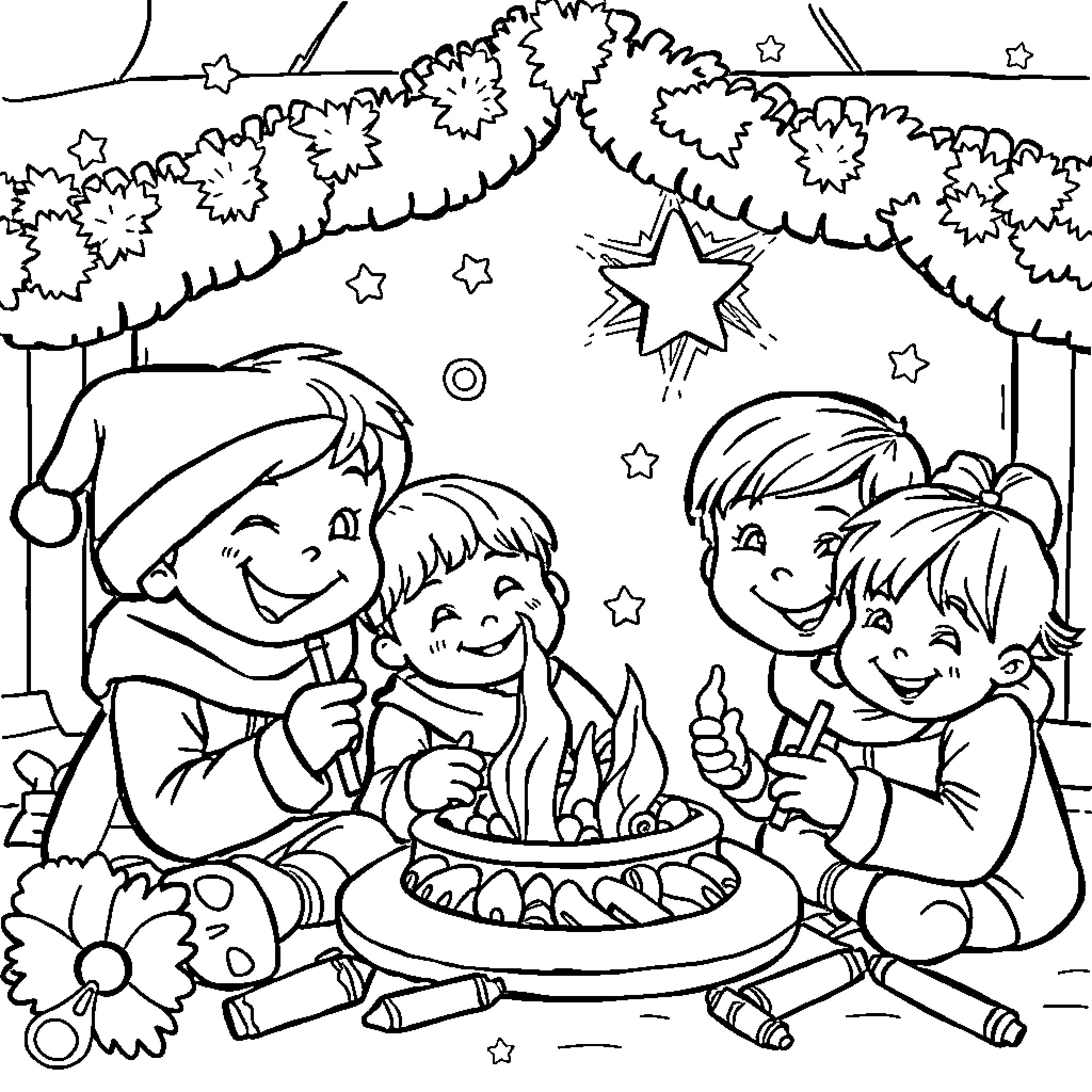 Child Decorating Holiday Cake with Friends Coloring Page (free black-and-white line drawing printable PDF for all, from beginners to advanced learners, including children, teens, adults, and seniors)