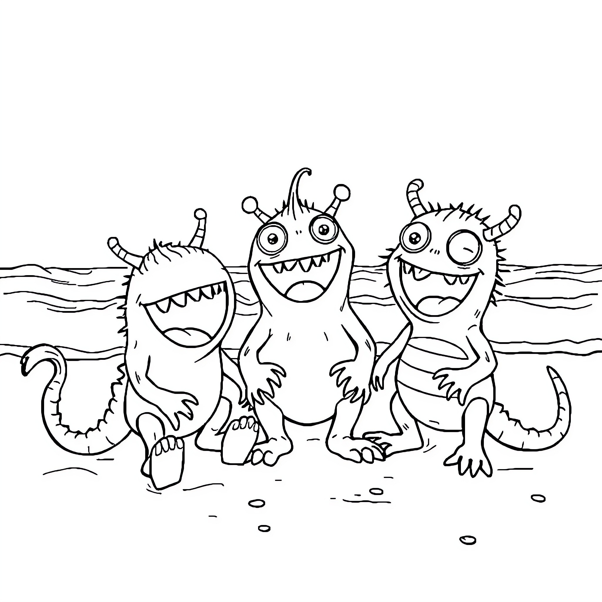 Monster characters expressing excitement on the beach Coloring Page (free black-and-white line drawing printable PDF for all, from beginners to advanced learners, including children, teens, adults, and seniors)