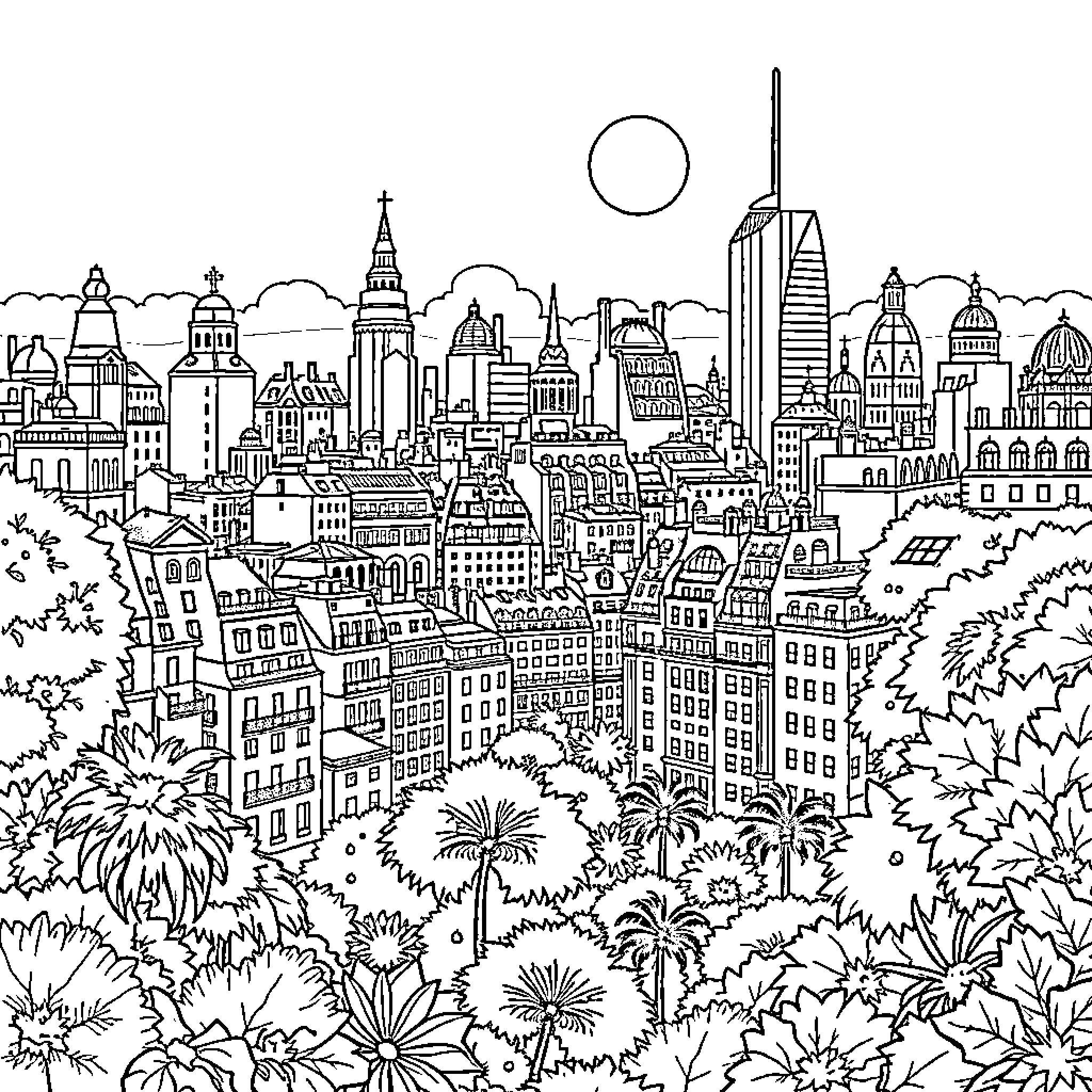 Jungle city skyline with lush foliage Coloring Page (free black-and-white line drawing printable PDF for all, from beginners to advanced learners, including children, teens, adults, and seniors)