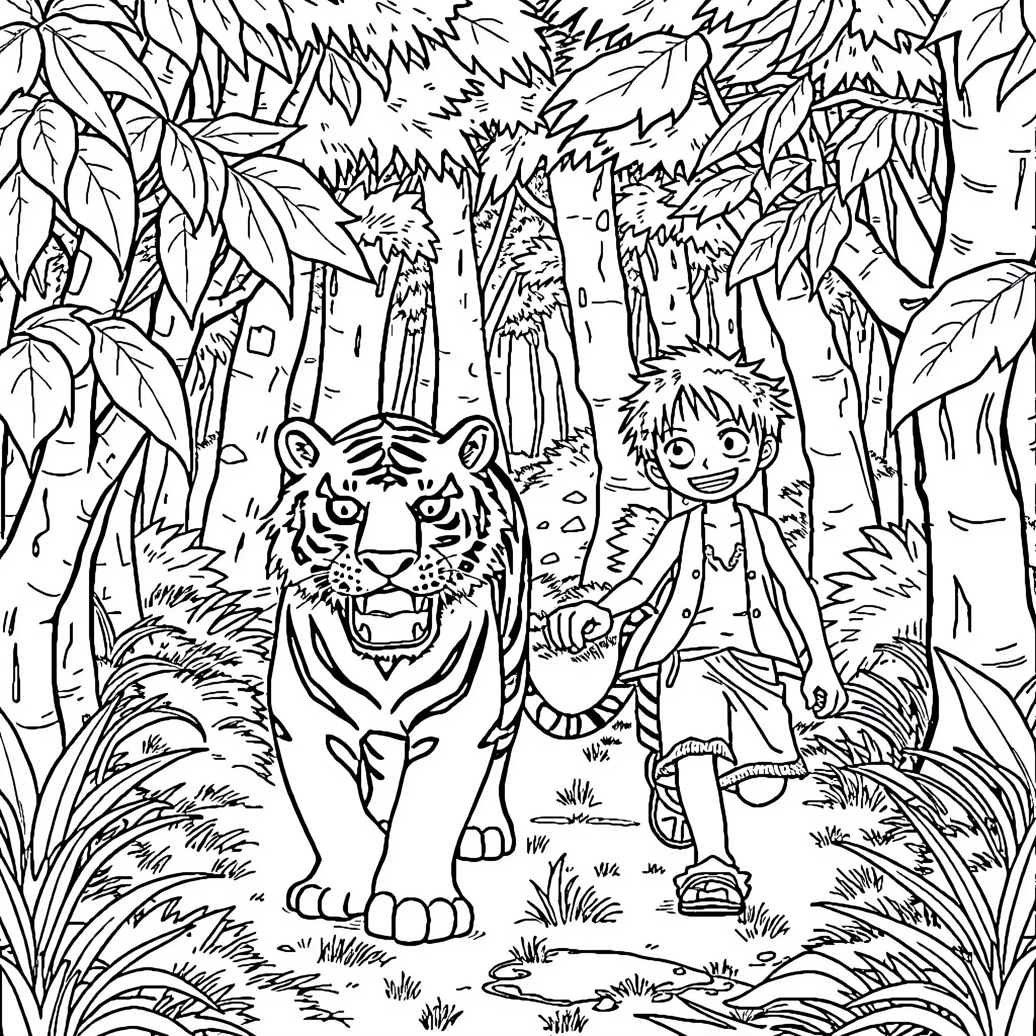 Luffy's Adventure in the Enchanted Jungle Coloring Page (free black-and-white line drawing printable PDF for all, from beginners to advanced learners, including children, teens, adults, and seniors)