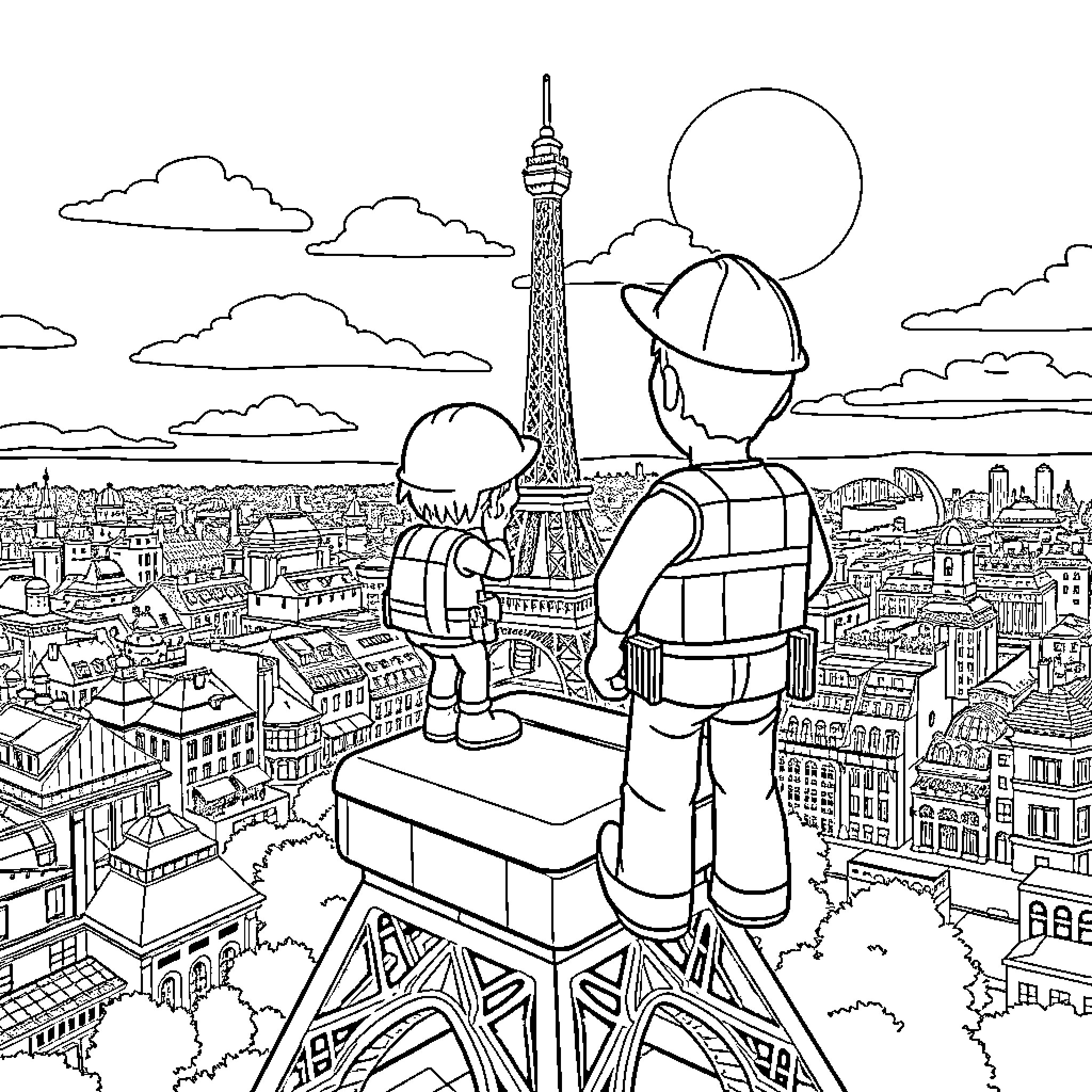 Bluey exploring the sights of a busy city Coloring Page (free black-and-white line drawing printable PDF for all, from beginners to advanced learners, including children, teens, adults, and seniors)
