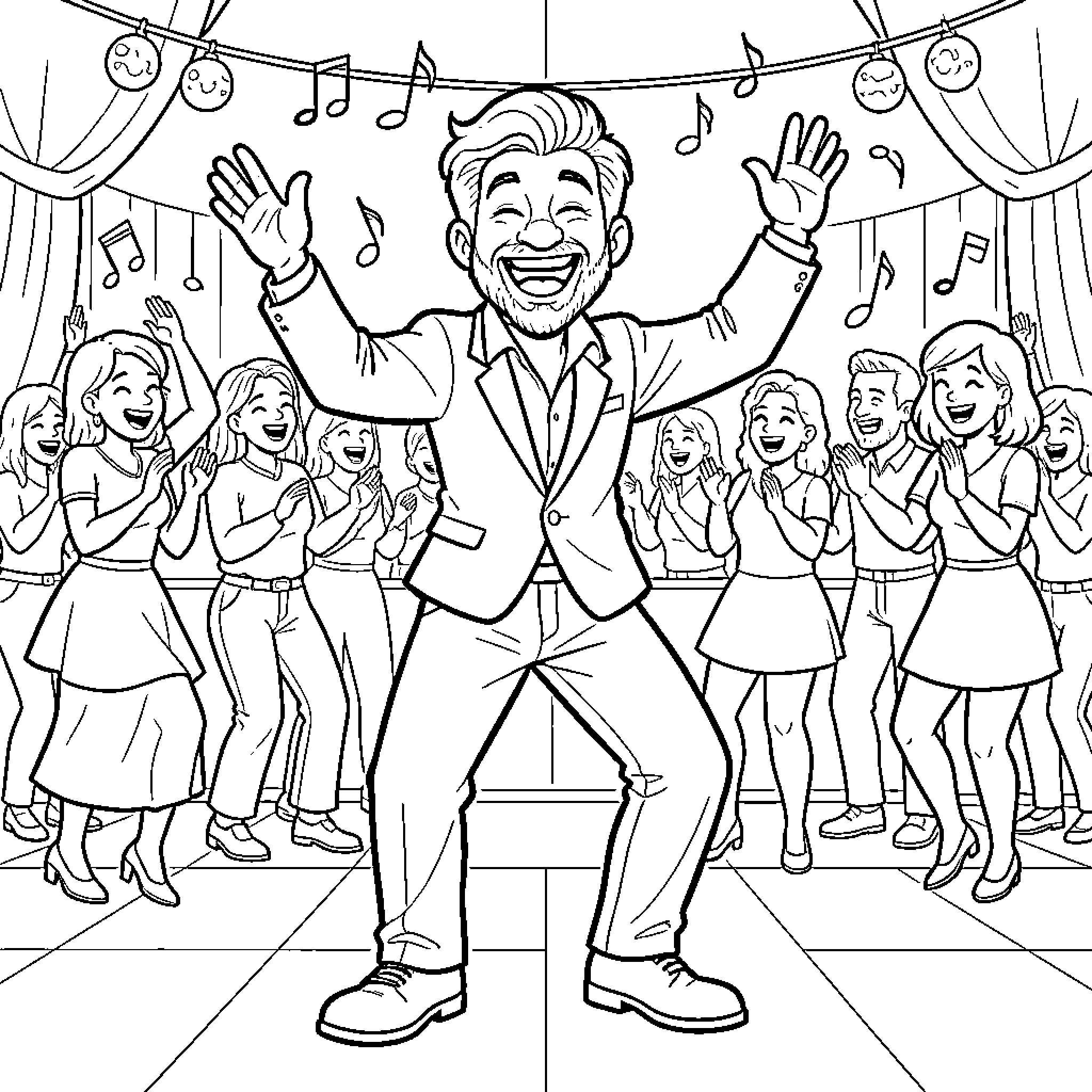 Rooster performers dancing and singing on stage Coloring Page (free black-and-white line drawing printable PDF for all, from beginners to advanced learners, including children, teens, adults, and seniors)
