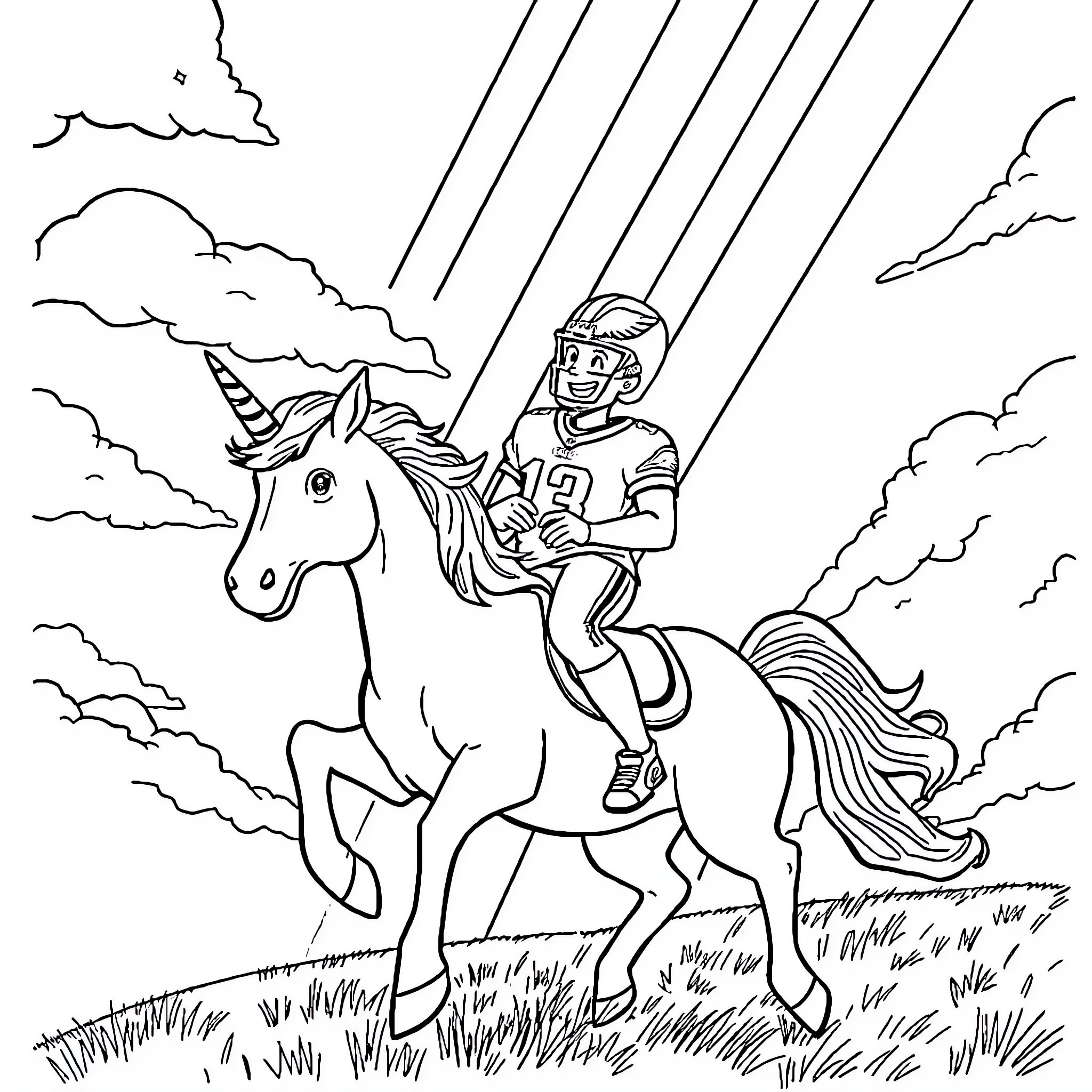 Eagles riding a unicorn through the sky Coloring Page (free black-and-white line drawing printable PDF for all, from beginners to advanced learners, including children, teens, adults, and seniors)