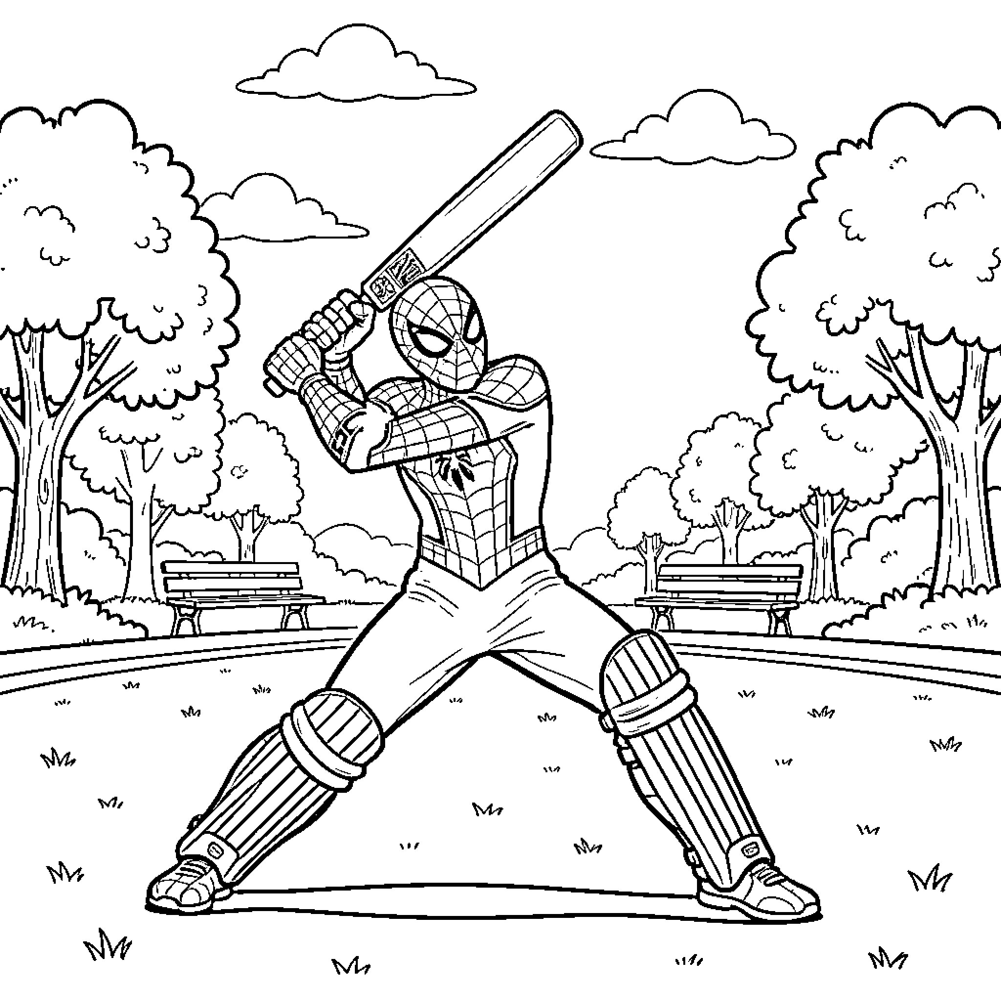 Spiderman swinging a baseball bat in a park Coloring Page (free black-and-white line drawing printable PDF for all, from beginners to advanced learners, including children, teens, adults, and seniors)
