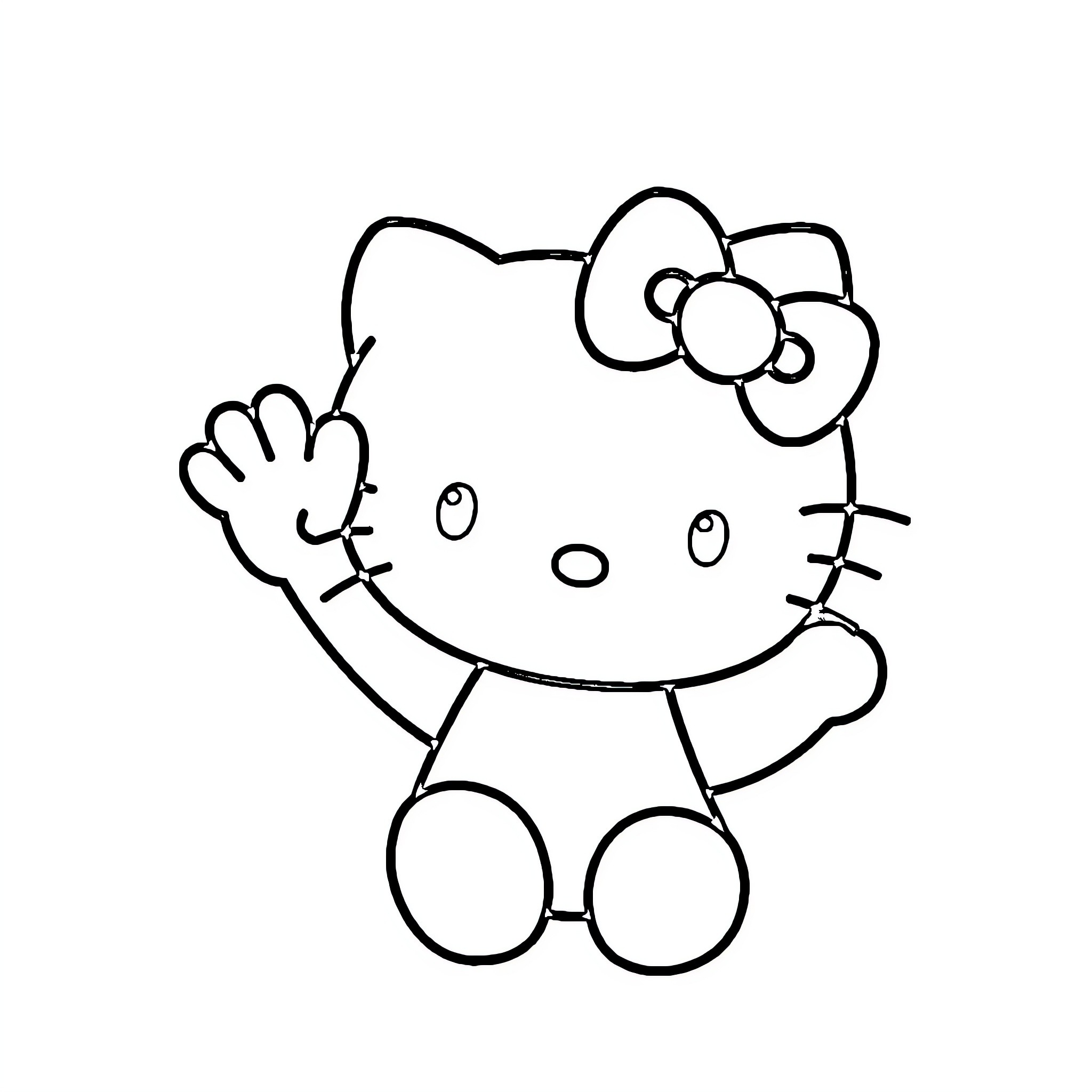 Hello Kitty waving cheerfully Coloring Page (free black-and-white line drawing printable PDF for all, from beginners to advanced learners, including children, teens, adults, and seniors)