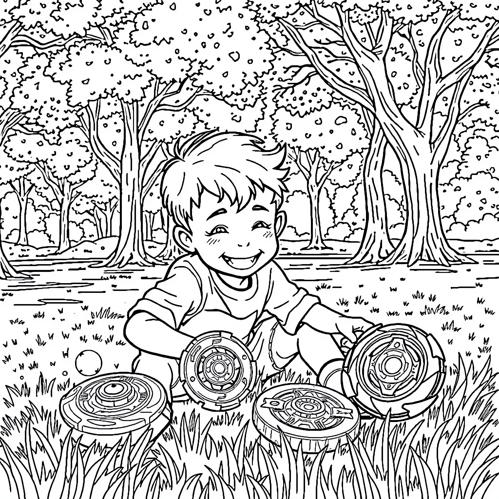 Boy exploring colorful mushrooms in the forest Coloring Page (free black-and-white line drawing printable PDF for all, from beginners to advanced learners, including children, teens, adults, and seniors)
