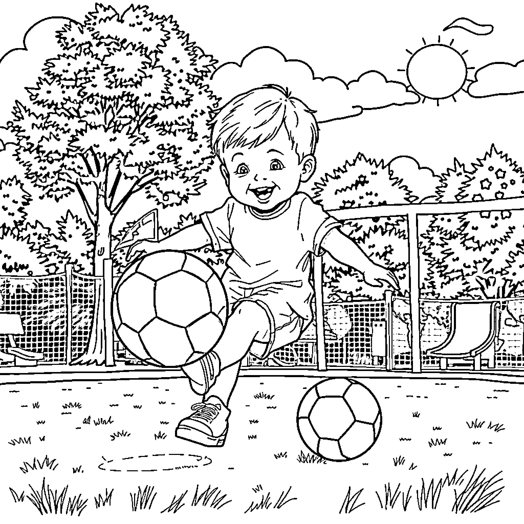 Toddler playing happily with soccer balls in the park Coloring Page (free black-and-white line drawing printable PDF for all, from beginners to advanced learners, including children, teens, adults, and seniors)