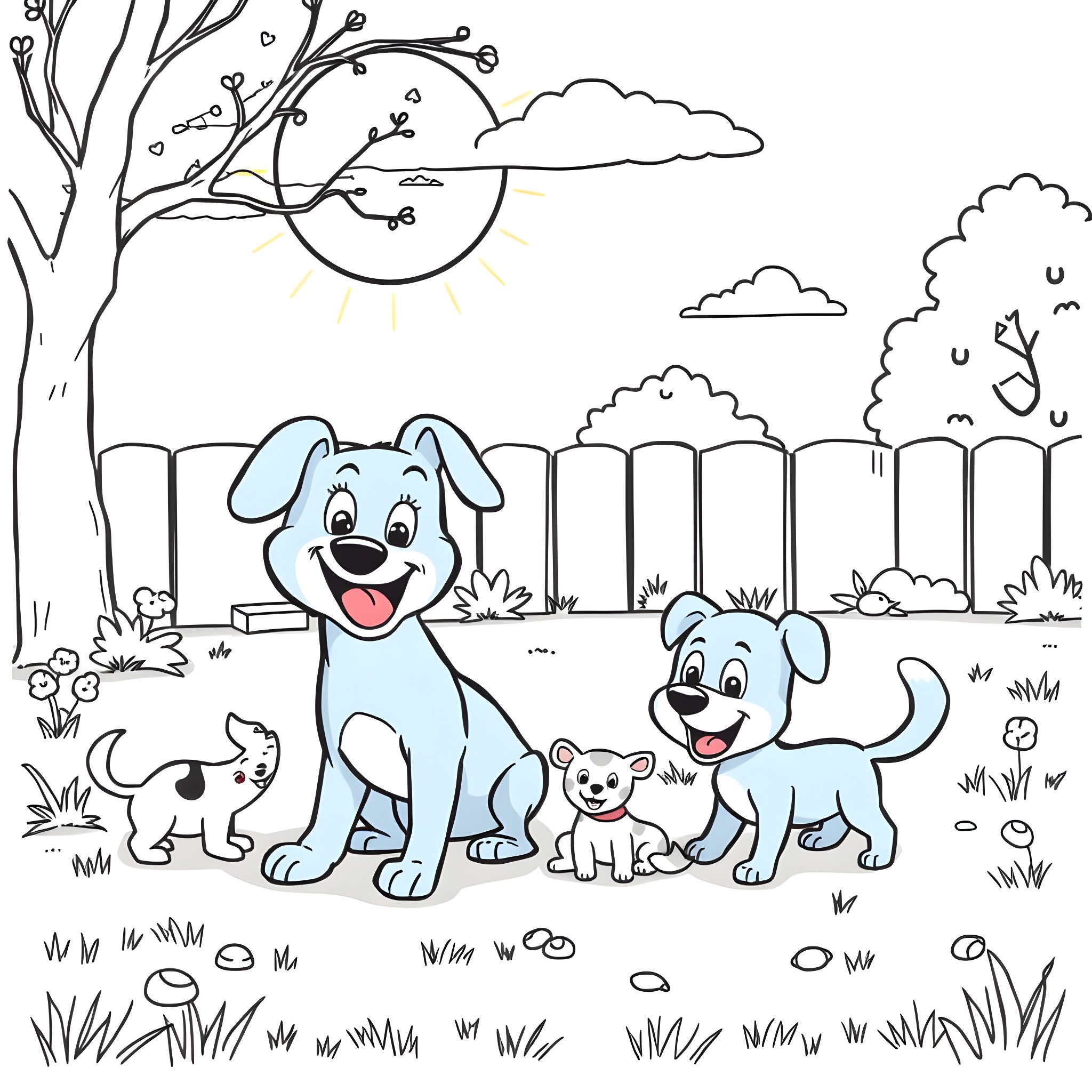 Bluey and family enjoying a sunny day outdoors Coloring Page (free black-and-white line drawing printable PDF for all, from beginners to advanced learners, including children, teens, adults, and seniors)
