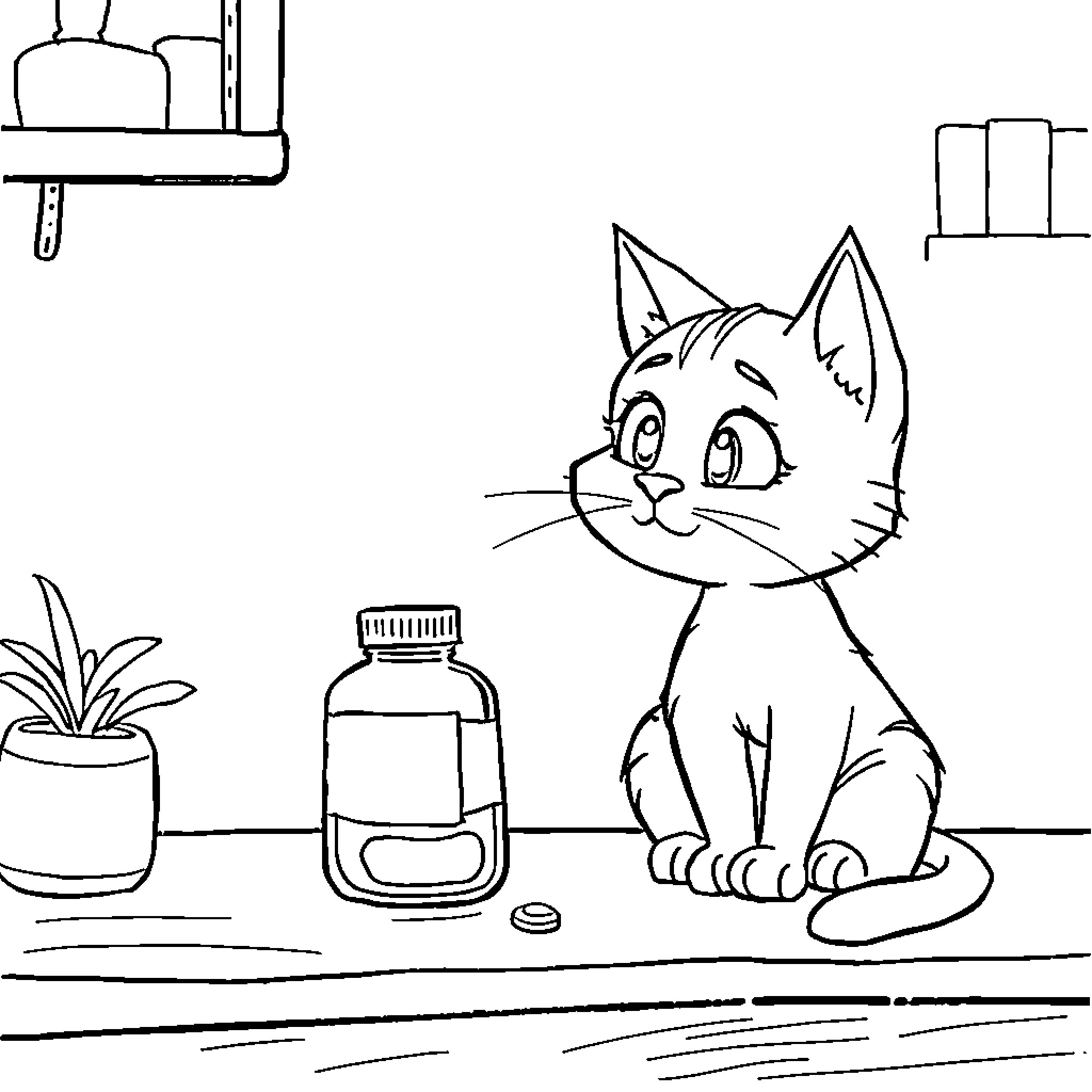 Cat in the Cozy Home Coloring Page (free black-and-white line drawing printable PDF for all, from beginners to advanced learners, including children, teens, adults, and seniors)