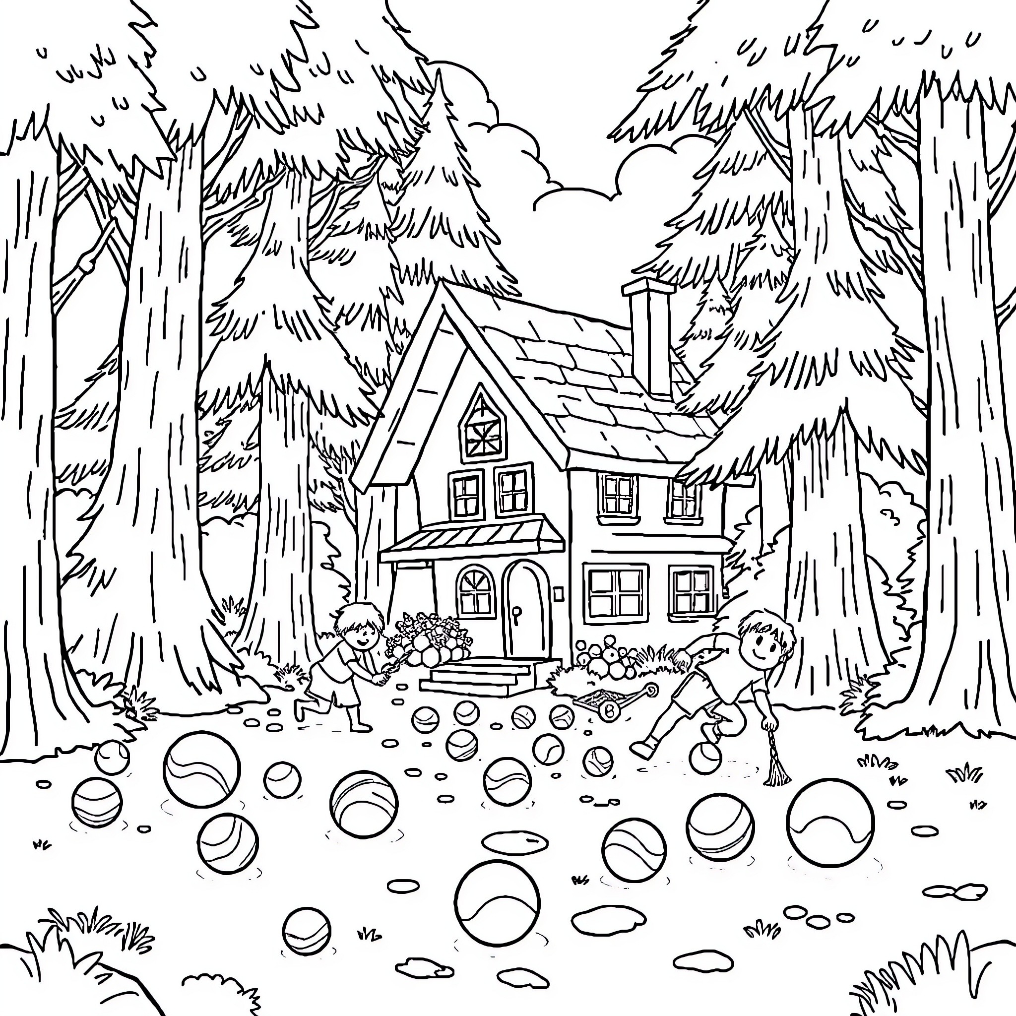 House in a Cozy Forest Clearing Coloring Page (free black-and-white line drawing printable PDF for all, from beginners to advanced learners, including children, teens, adults, and seniors)