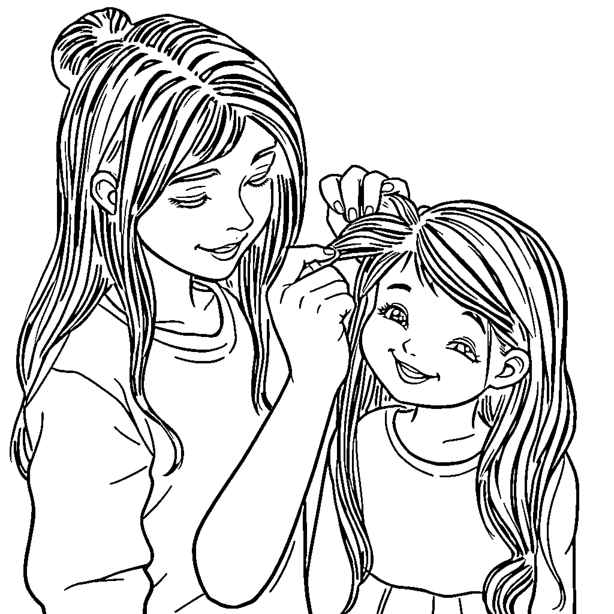 Teenager Girls Doing Each Other's Hair Coloring Page (free black-and-white line drawing printable PDF for all, from beginners to advanced learners, including children, teens, adults, and seniors)