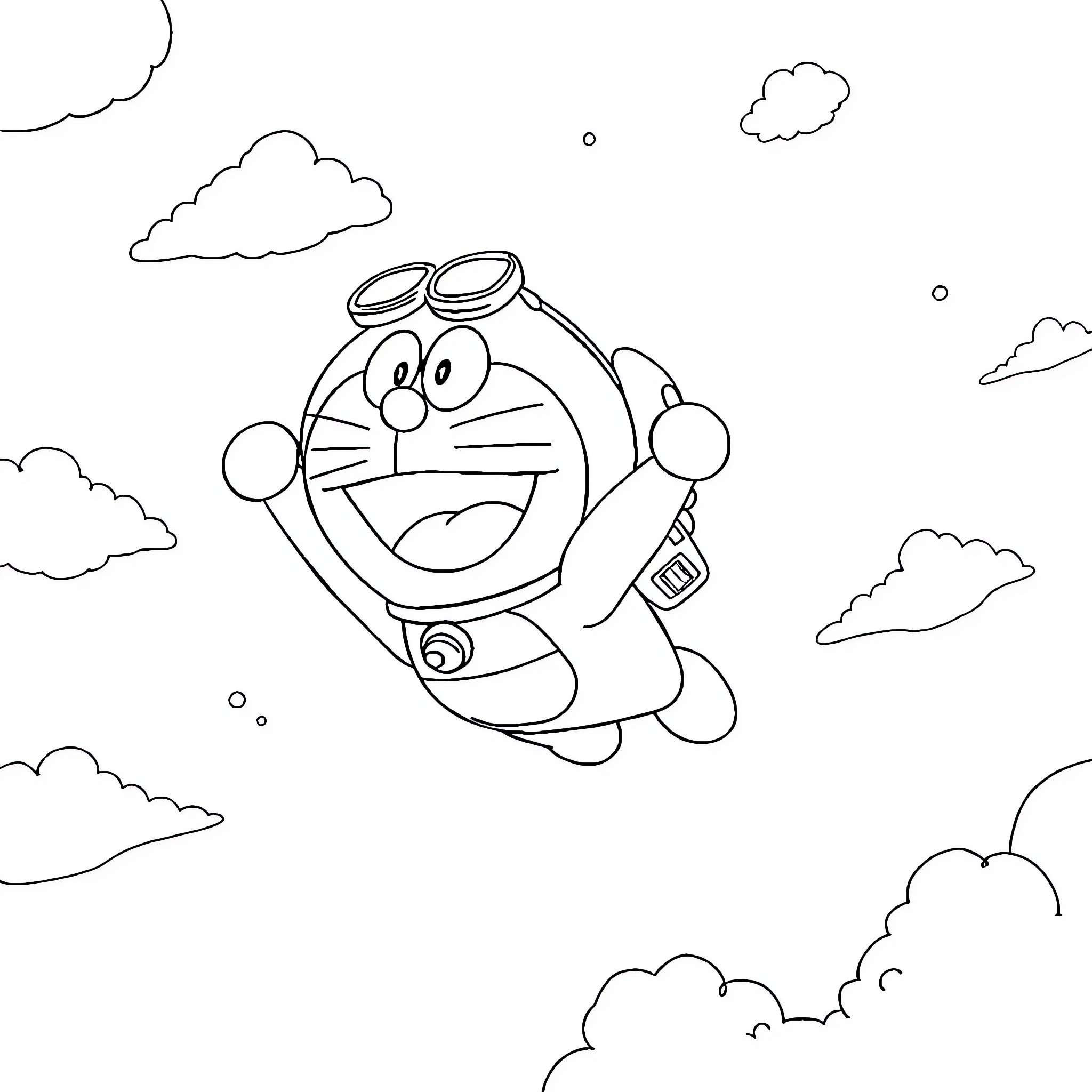 Doraemon flying happily in the clouds Coloring Page (free black-and-white line drawing printable PDF for all, from beginners to advanced learners, including children, teens, adults, and seniors)
