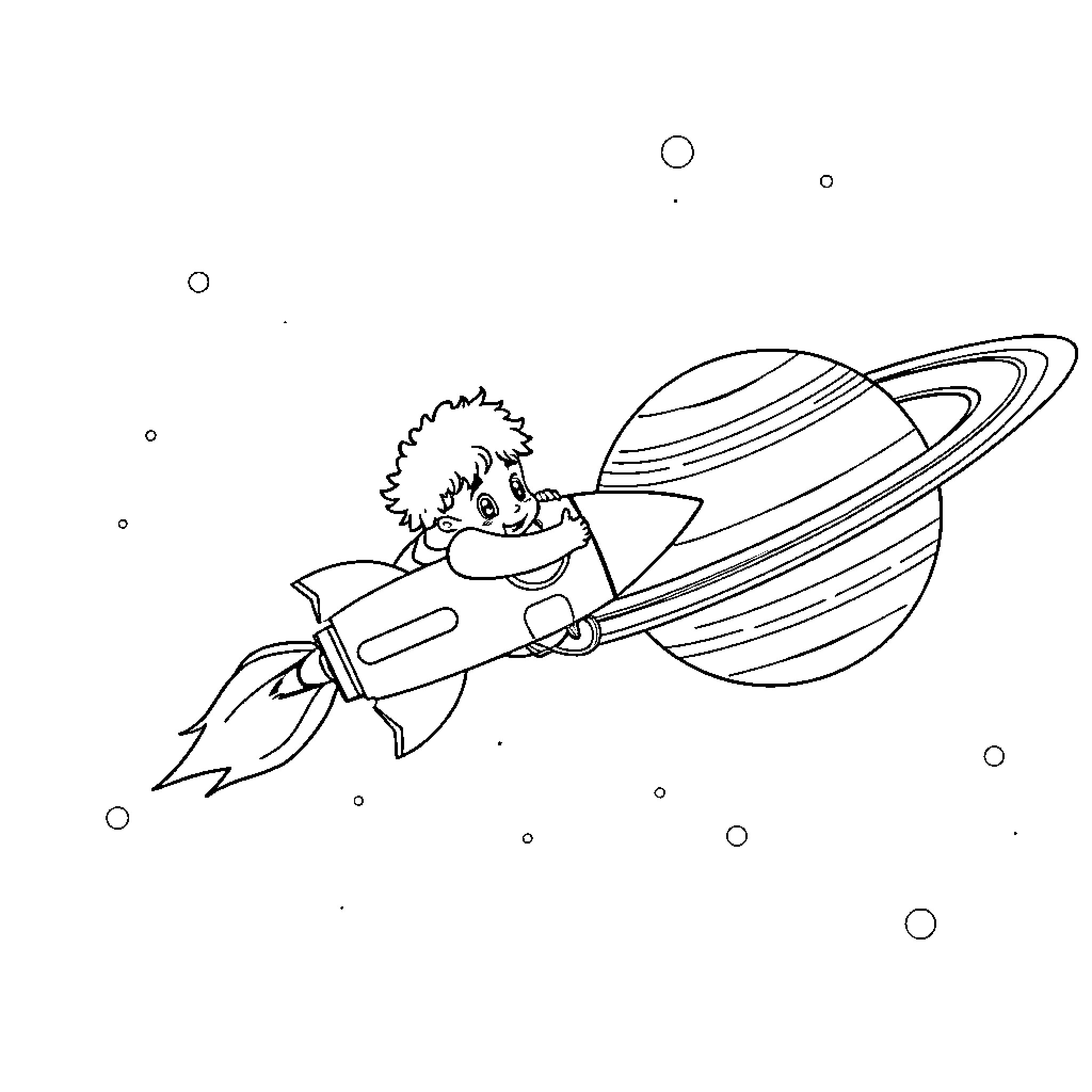 Boy riding a rocket through space Coloring Page (free black-and-white line drawing printable PDF for all, from beginners to advanced learners, including children, teens, adults, and seniors)